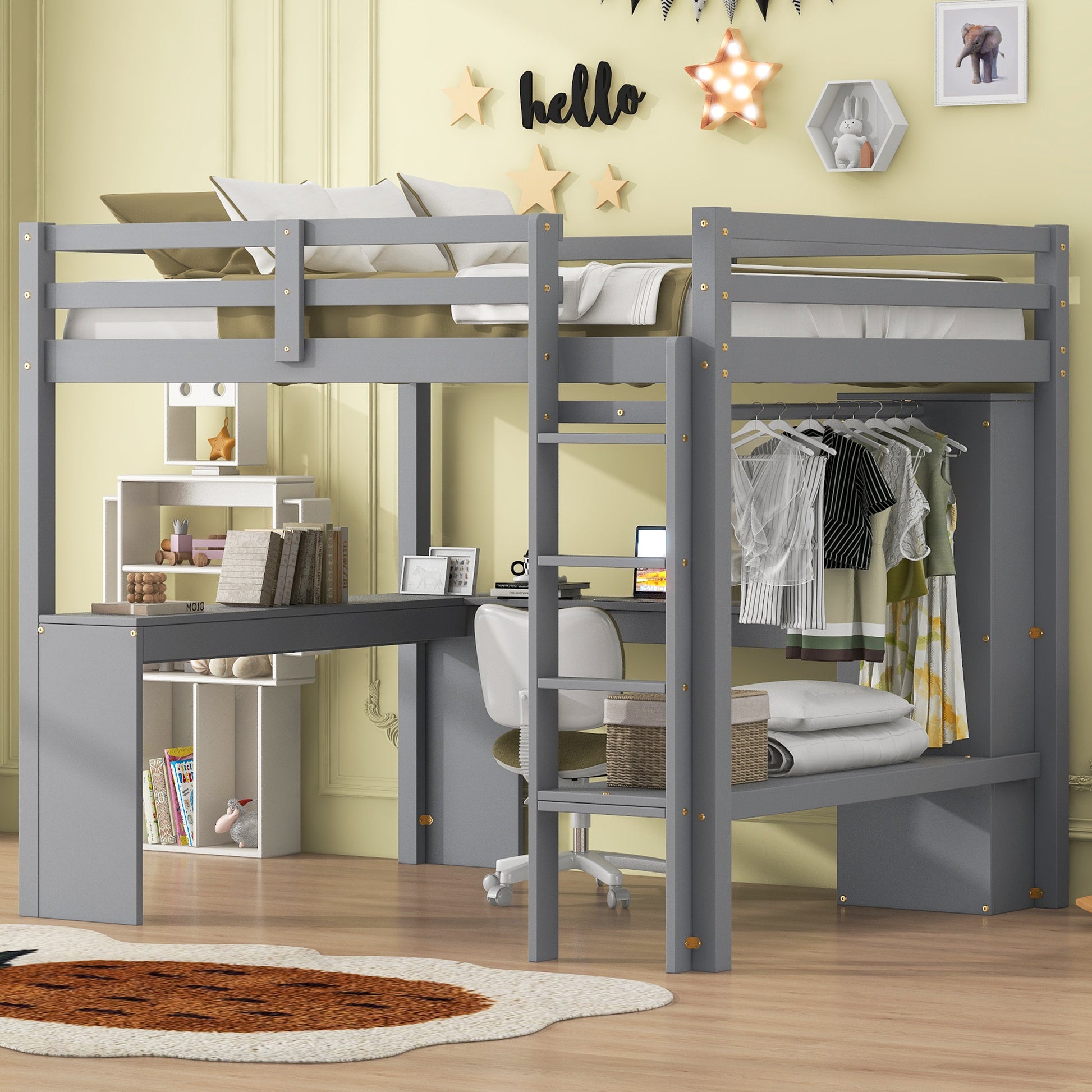 Full Size Loft Bed With L Shaped Desk, Wardrobe And Storage Shelves, Grey Box Spring Not Required Full Grey Wood Bedroom Solid Wood Mdf