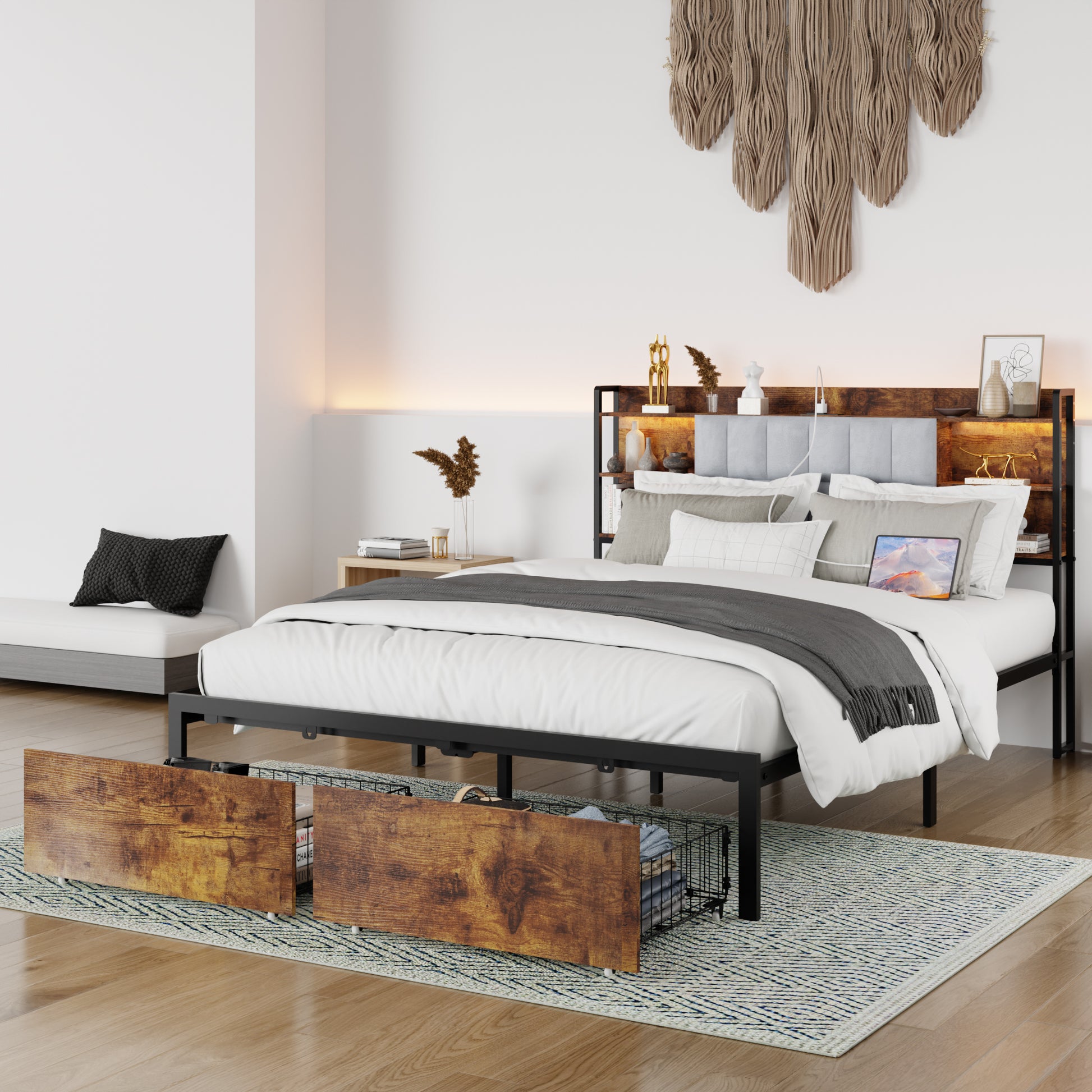 Queen Size Bed Frame With 2 Storage Drawers And Led Lights Headboard, Upholstered King Bed Frame With Charging Station, No Box Spring Needed, Easy Assembly Box Spring Not Required Queen Dark Brown Metal Bedroom Modern Bed Frame Velvet Mdf Metal