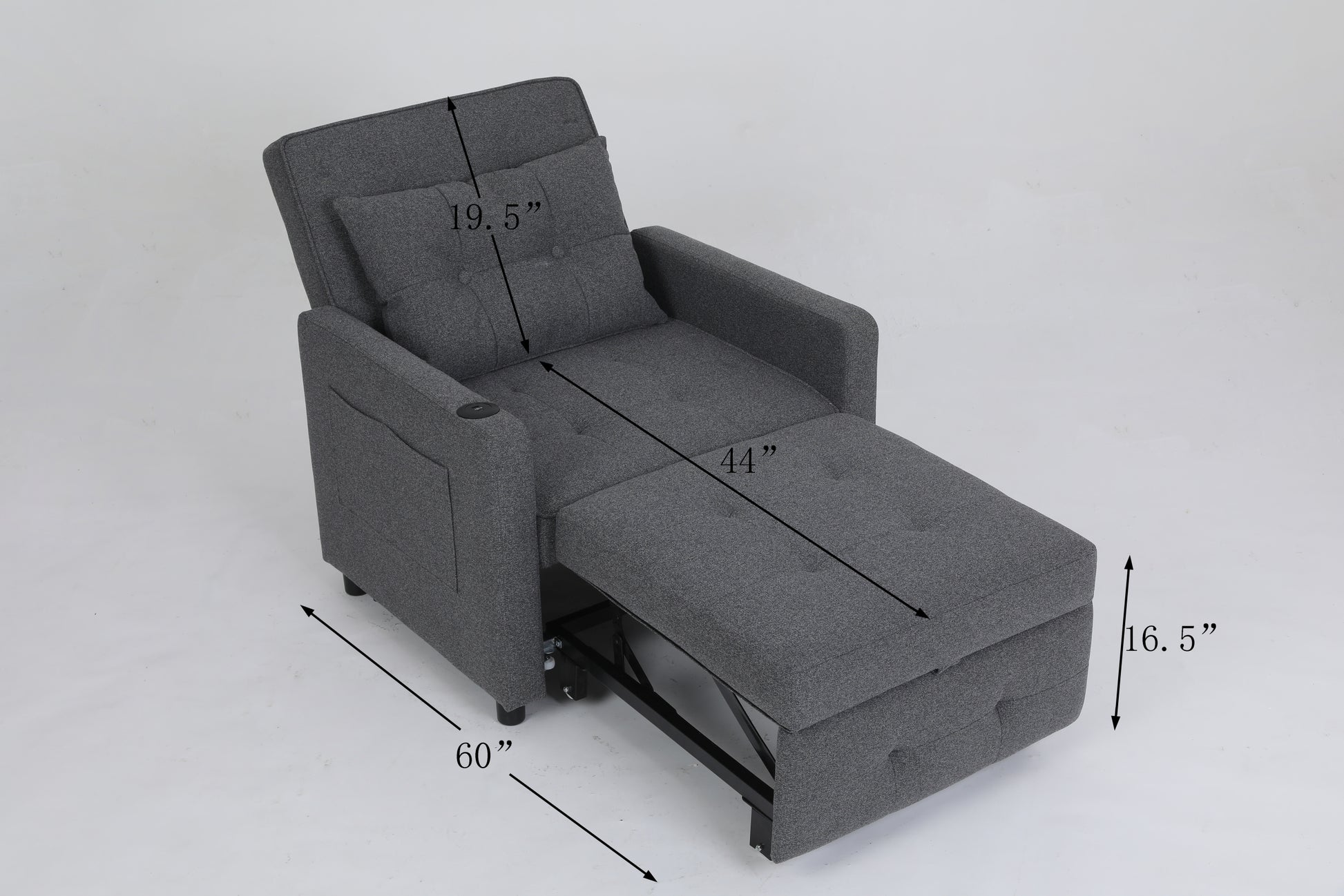 Sleeper Chair 3 In 1 Convertible Chair Bed Pull Out Sleeper Chair Beds Adjustable Single Armchair Sofa Bed With Usb Ports, Side Pocket, Linen Grey Grey Linen Manual Handle Metal Primary Living Space Medium Soft Handle Pine Square Arms Foam Linen