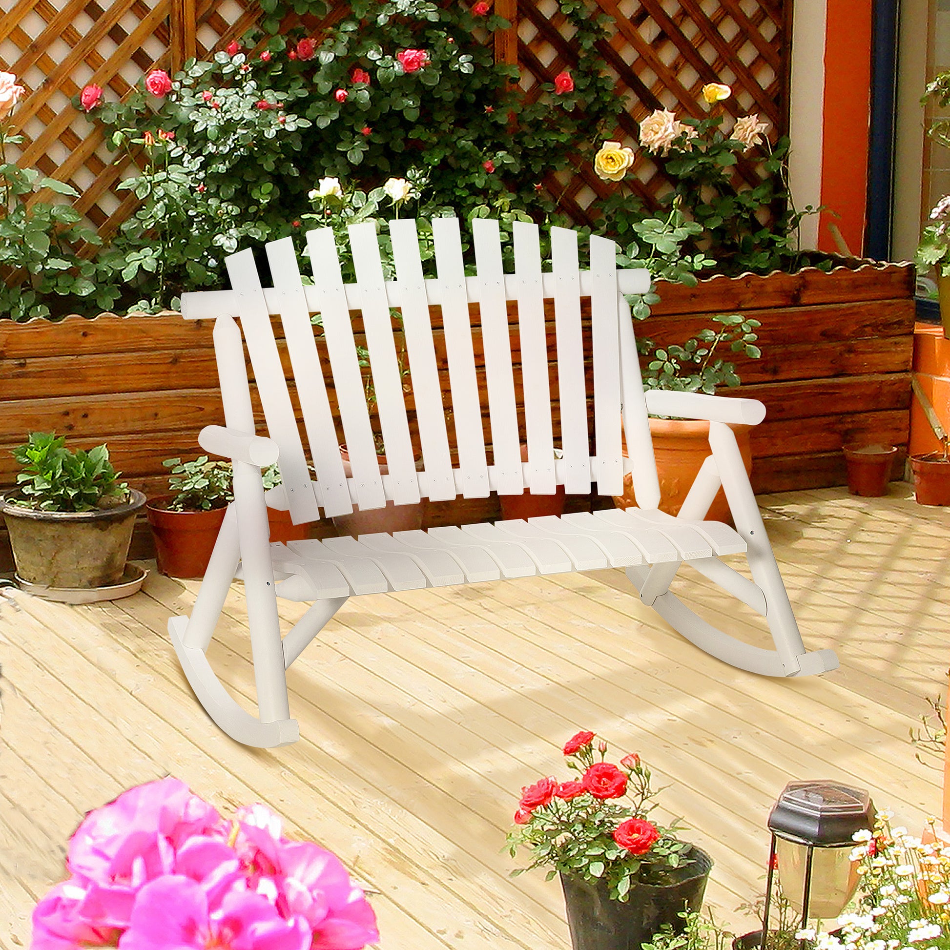 Outsunny Outdoor Wooden Rocking Chair, Double Person Rustic Adirondack Rocker With Slatted Seat, High Backrest, Armrests For Patio, Garden And Porch, White White Wood