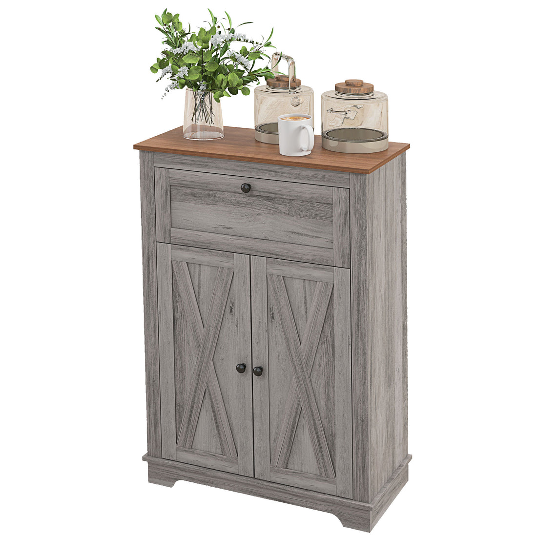 Homcom Farmhouse Barn Door Accent Cabinet, Kitchen Sideboard Storage Cabinet With Double Doors, Drawer, And Adjustable Shelf For Bedroom, Living Room, Gray Gray Particle Board