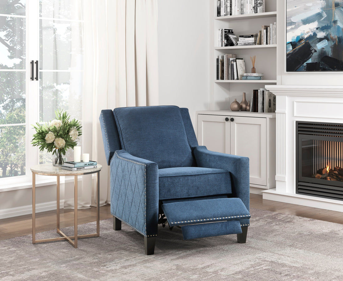 Modern Home Furniture Reclining Chair 1Pc Blue Textured Fabric Upholstered Trim Solid Wood Frame Self Reclining Motion Chair Blue Polyester Wood Modern Solid Wood