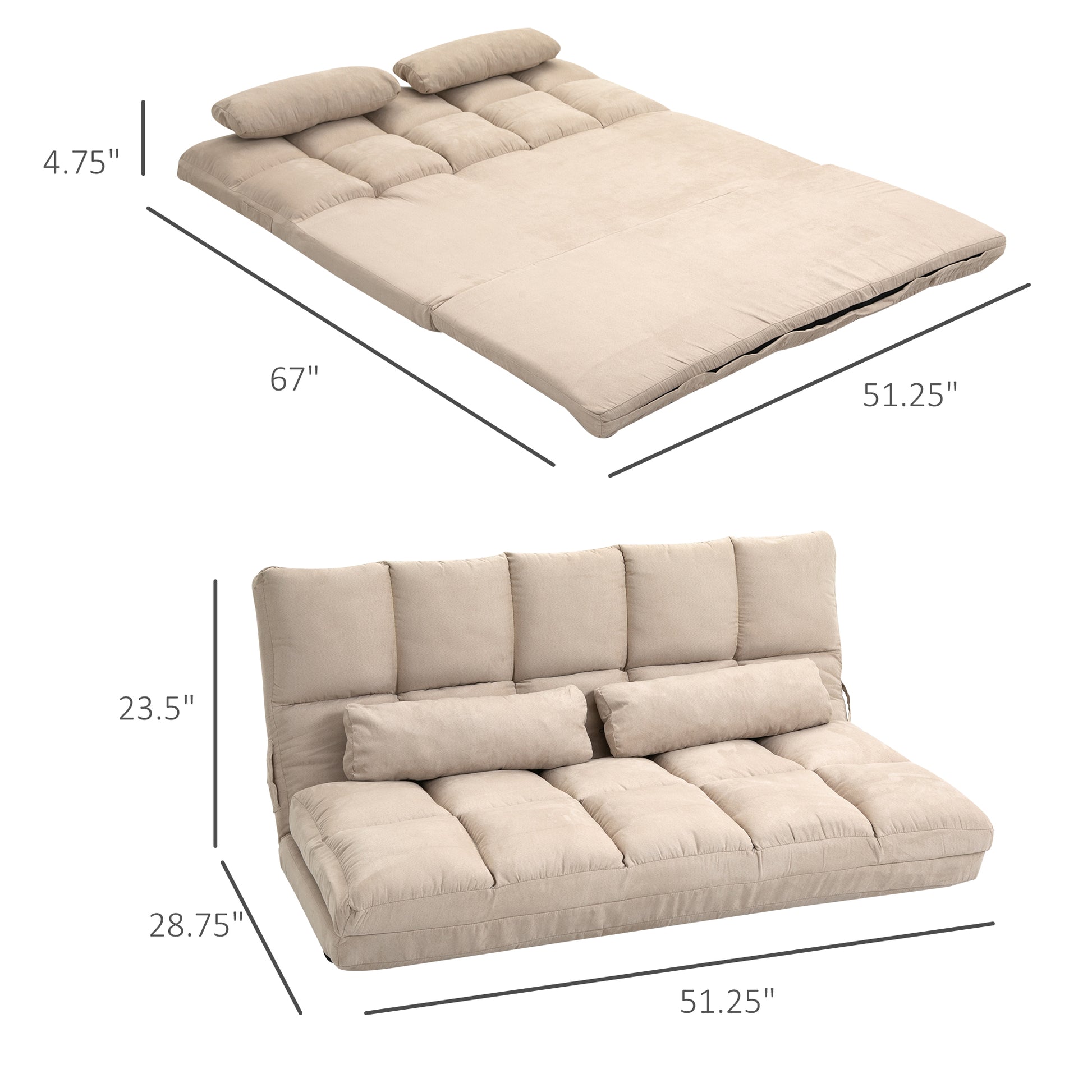 Homcom Convertible Floor Sofa Chair, Folding Couch Bed, Guest Chaise Lounge With 2 Pillows, Adjustable Backrest And Headrest, 51.25" L, Beige Beige Polyester