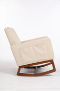 Mid Century Modern Accent Chair With Wood Frame, Upholstered Living Room Chairs With Waist Cushion, Reading Armchair For Bedroom Sunroom Grey White Linen