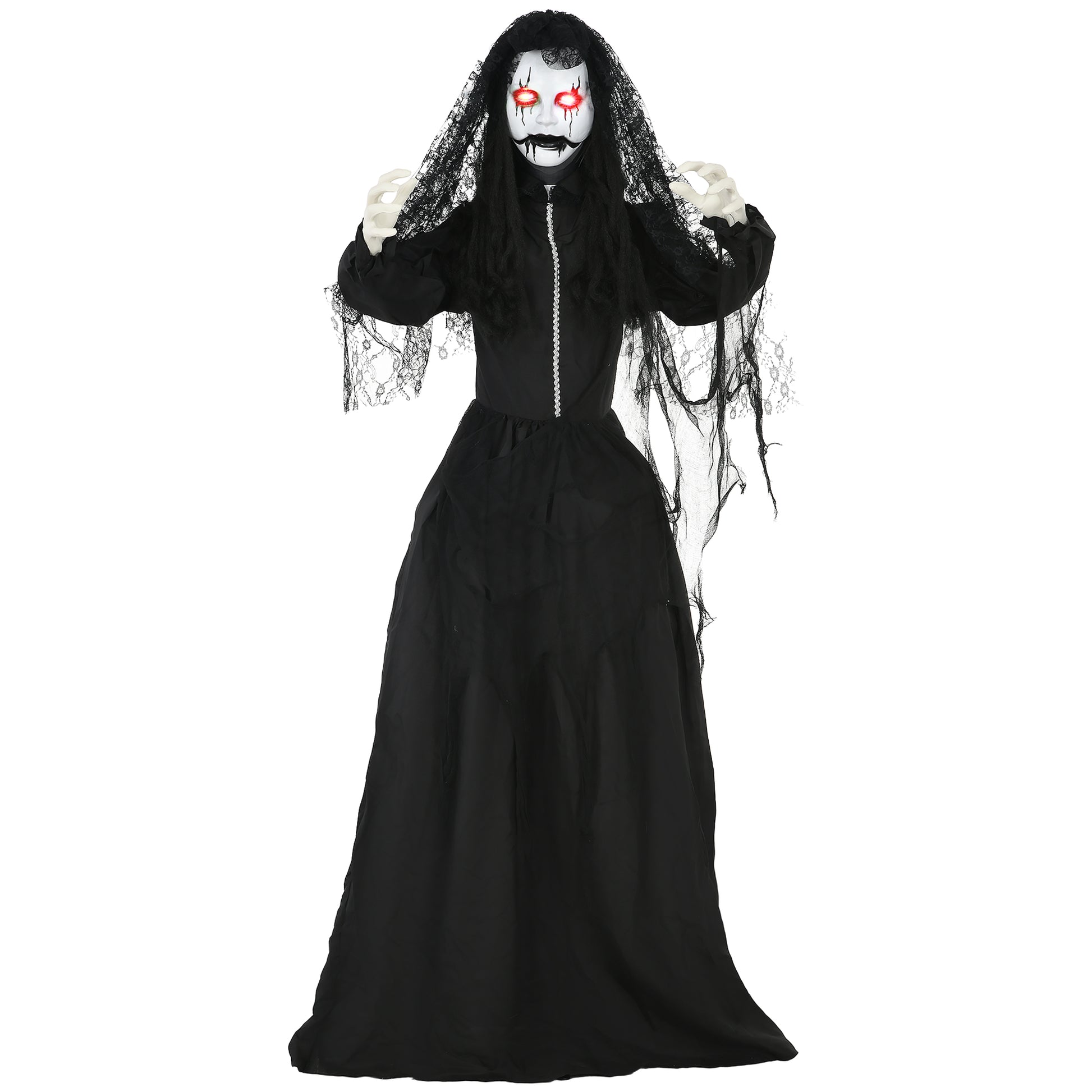 Homcom 67" Life Size Freestanding Scary Ghost Bride, Animated Halloween Prop With Sound Activation And Red Eyes, Creepy Voice, For Covered Outdoor And Indoor, Battery Operated Animatronic Decor Black Polyester