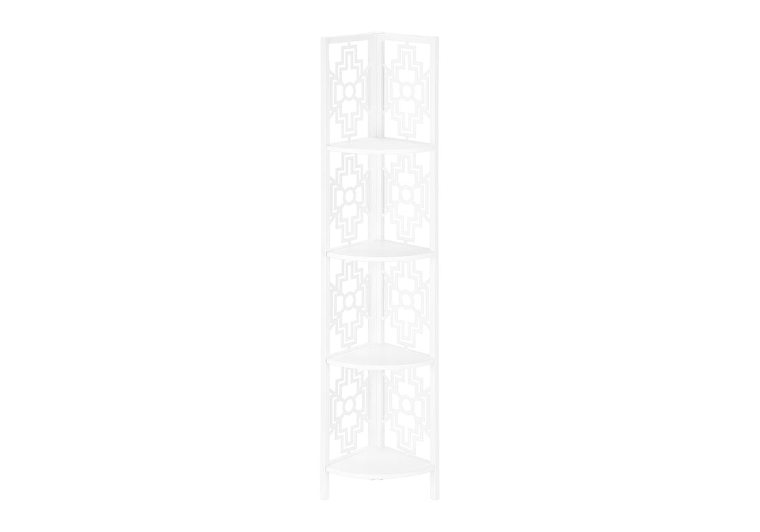 Bookshelf, Bookcase, Etagere, Corner, 4 Tier, 62"H, Office, Bedroom, White Laminate, White Metal, Transitional White Metal