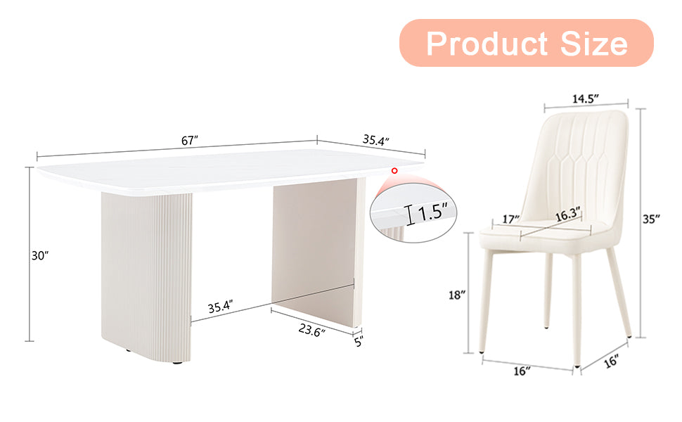 Table And Chair Set.67*35.4 Cream Style Mdf White Dining Table Set With 6 Cream Style Chairs.Adding A Warm And Gentle Atmosphere To Your Family.Creating A Comfortable And Friendly Dining