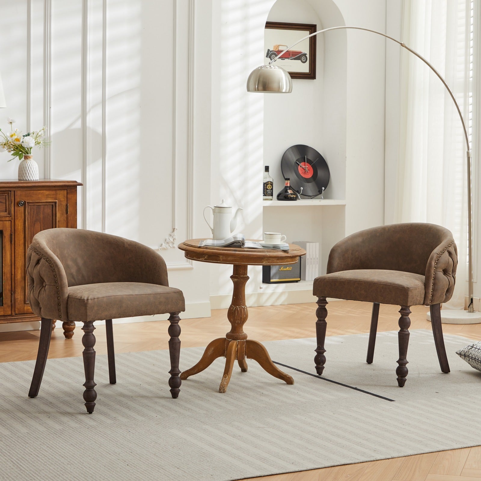 Hand Pulled Buckle Decoration Pu Dining Chair,Accent Leisure Chair, Mid Century Modern Arm Chair With Solid Wood Armrests And Legs, 1 Seat Cushioned Sofa For Living Room Bedroom,Brown Color,Sw1865Br Brown American Design Rubberwood Foam Pu