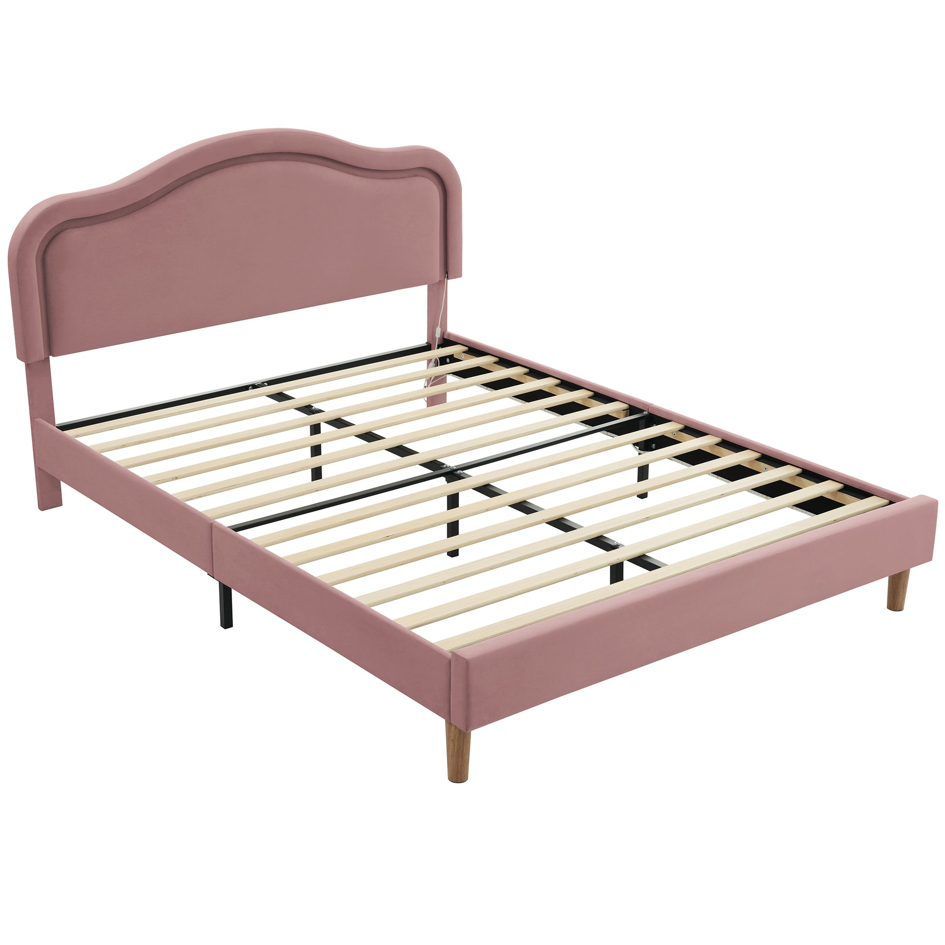 Queen Size Velvet Upholstered Smart Led Bed Frame With Adjustable Height Headboard,No Box Spring Needed,Easy Assembly,Pink Box Spring Not Required Queen Pink Wood Bedroom Cute,Modern Bed Frame Wood