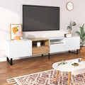 Modern Tv With 2 Cabinets& Open Storage Compartment, Color Matching Media Console Table For Tvs Up To 85'', Entertainment Center With Drop Down Door For Living Room, Bedroom, Home Theatre Wood Brown Primary Living Space 70 79 Inches 90 Inches Or Larger