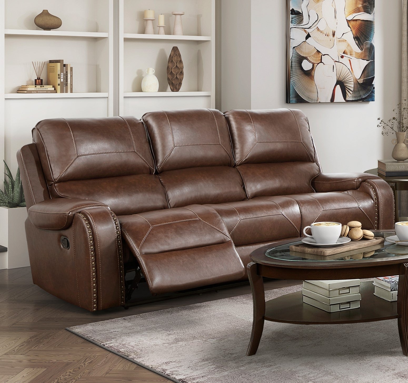 Comfortable Reclining Sofa 2Pc Set Brown Faux Leather Upholstered Dual Reclining Sofa Loveseat Trim, Power Usb Ports, Cupholders, Modern Living Room Furniture Brown Faux Leather Wood Primary Living