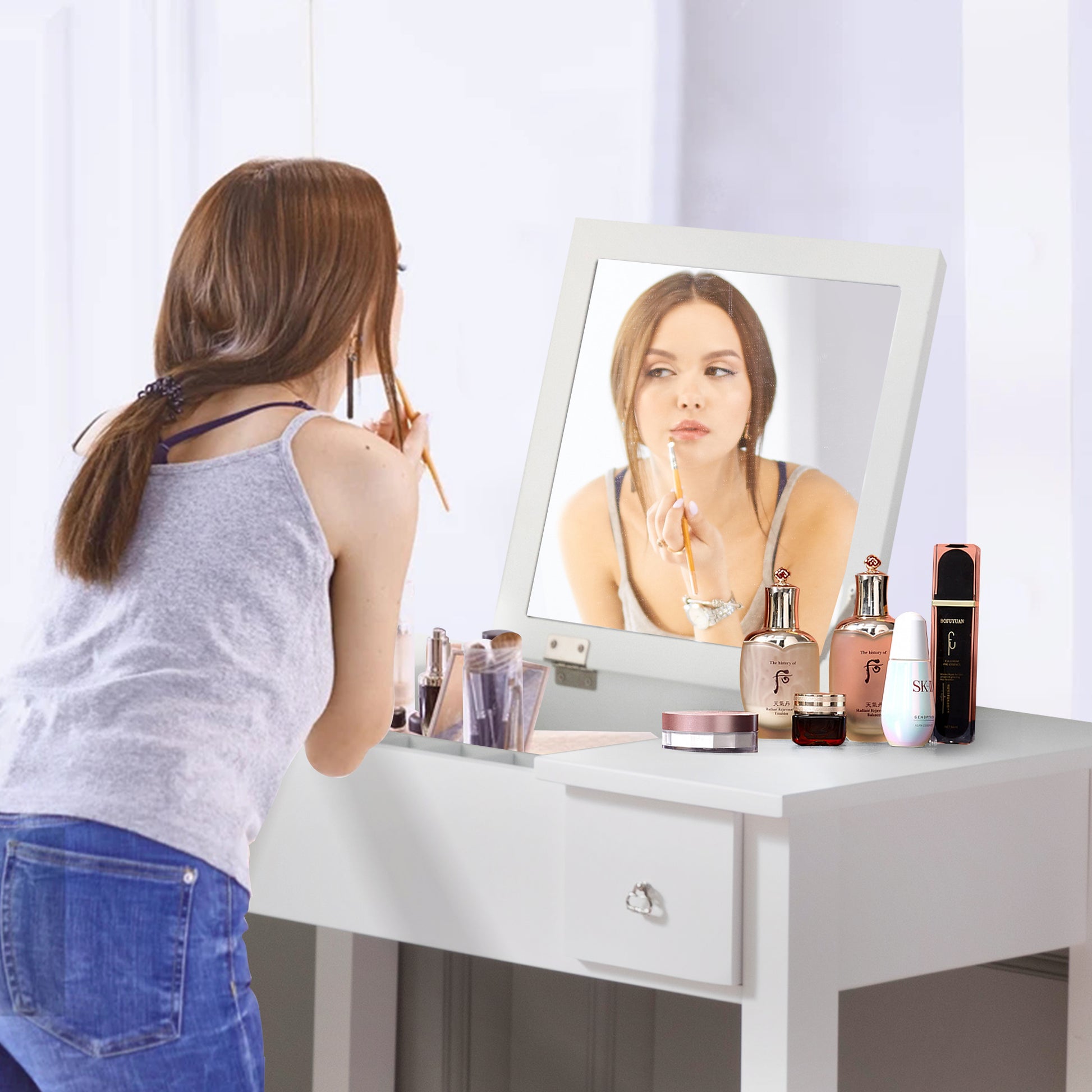 Accent White Vanity Table With Flip Top Mirror And 2 Drawers, Jewelry Storage For Women Dressing White Mdf