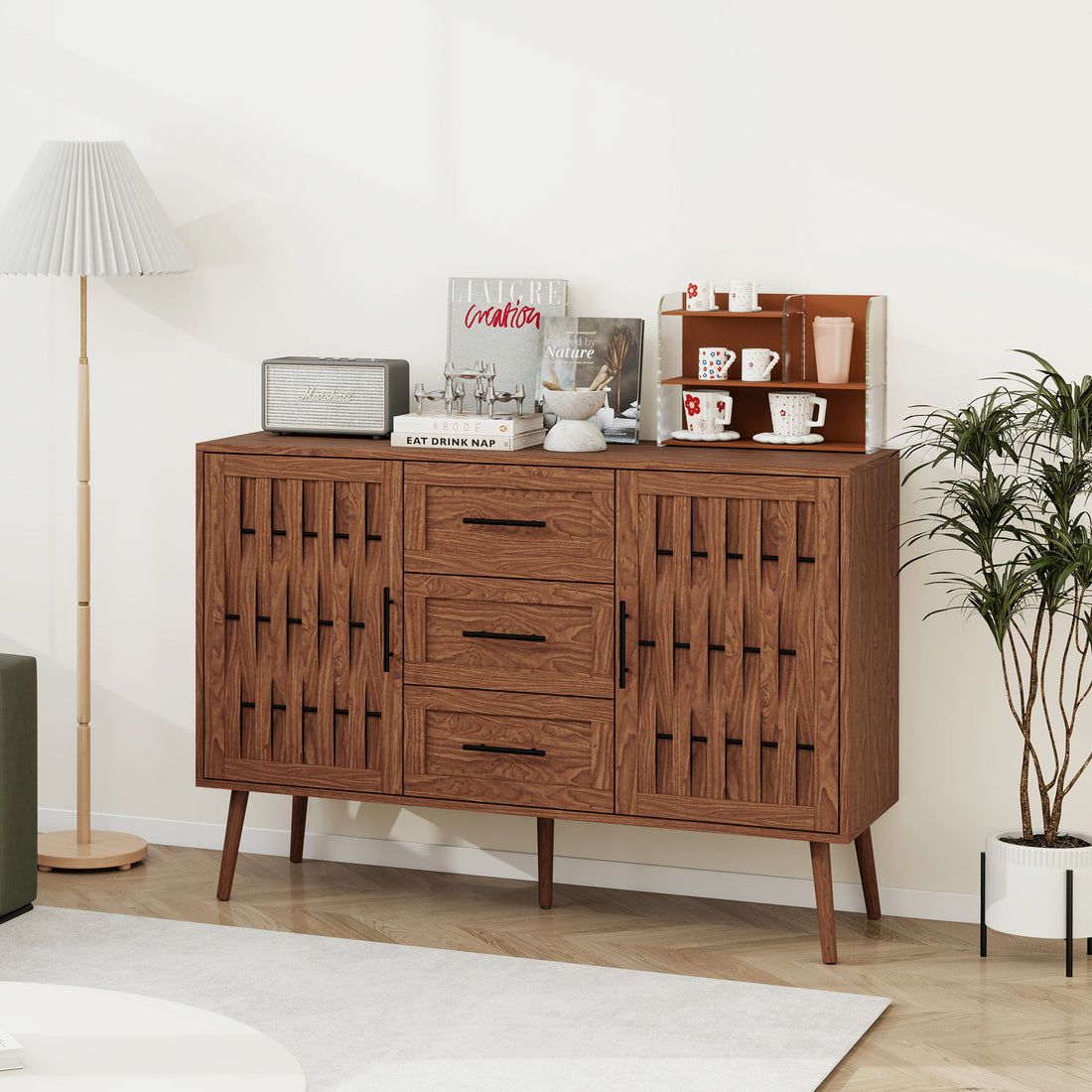 2 Door 3 Drawer Cabinet, Accent Storage Cabinet, Suitable For Living Room, Bedroom, Dining Room, Study Walnut Mdf