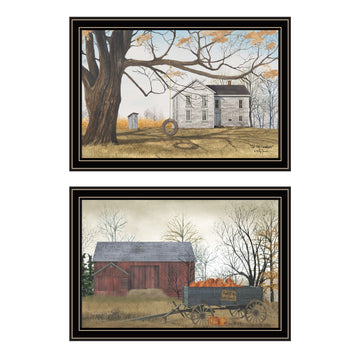 2 Piece Vignette Farmhouse, Barn & Pumpkin Wagon Black Framed Wall Art For Living Room, Bedroom Wall Art Print For Home Decor By Billy Jacobs Multicolor Wood Paper
