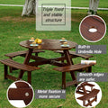 Outdoor 8 Person Picnic Table, 8 Person Round Picnic Table With 4 Built In Benches, Umbrella Hole, Outside Table And Bench Set For Garden, Backyard, Porch, Patio, Brown Brown Wood Metal