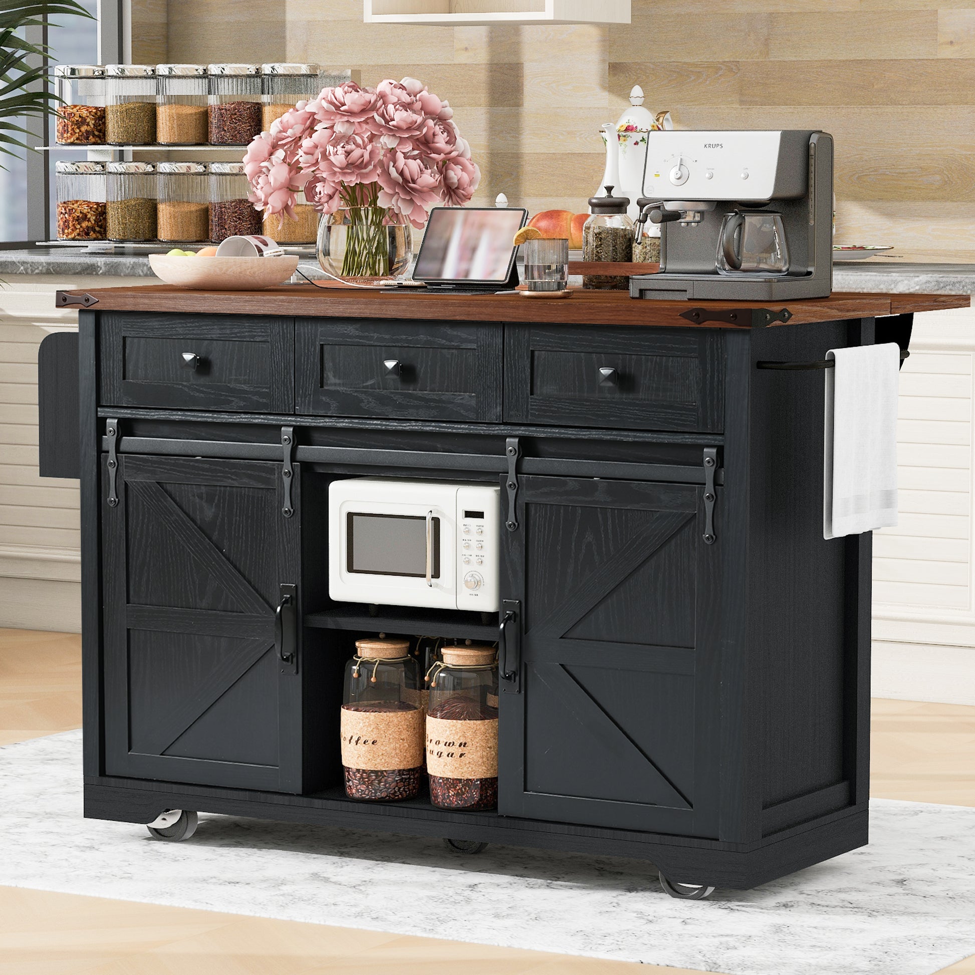 K&K 53.7" Farmhouse Kitchen Island With Power Outlet, 2 Sliding Barn Door Kitchen Storage Island With Drop Leaf, Spice Rack Rolling Kitchen Cart On Wheels, For Home, Kitchen And Dining Room, Black