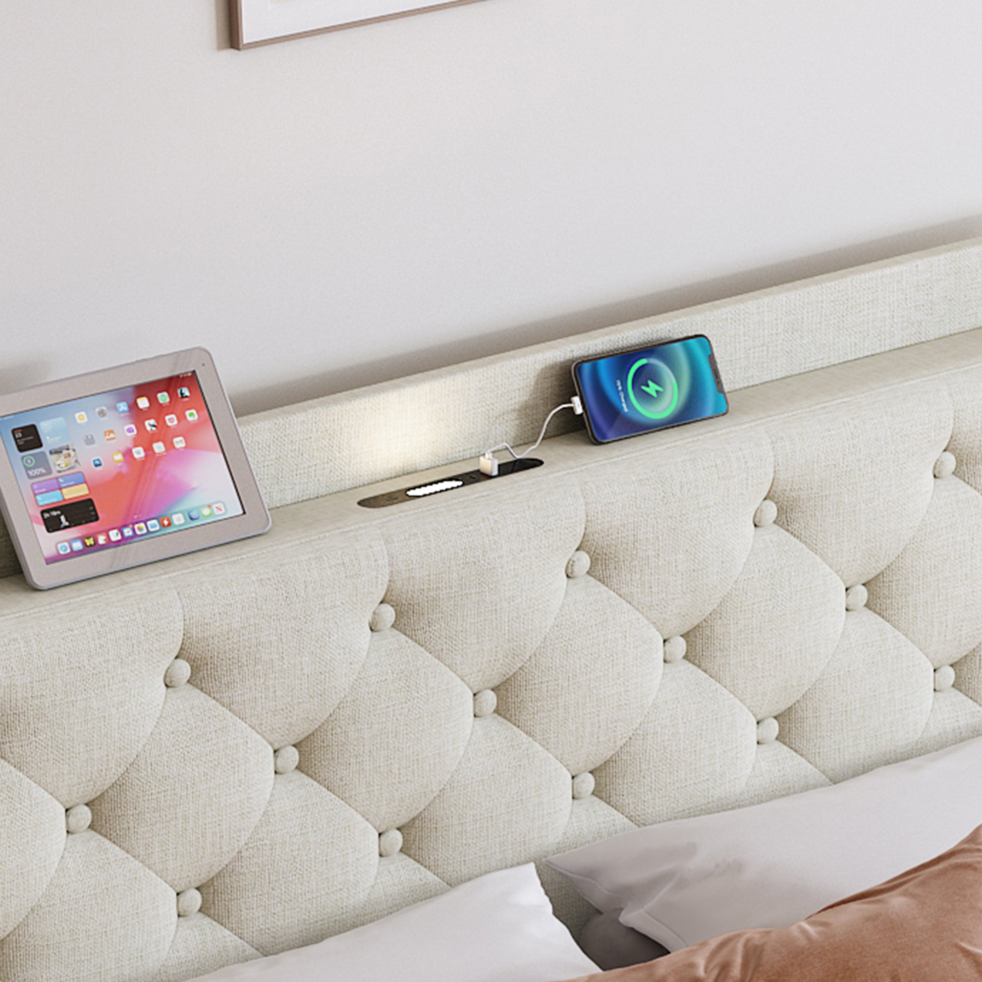 Queen Size Bed, Mesh Backboard Beautiful, With Led Lights, Cotton And Linen Fabric, Frame Stability, Easy To Assemble,Light Gray Queen Light Gray Mdf Acacia