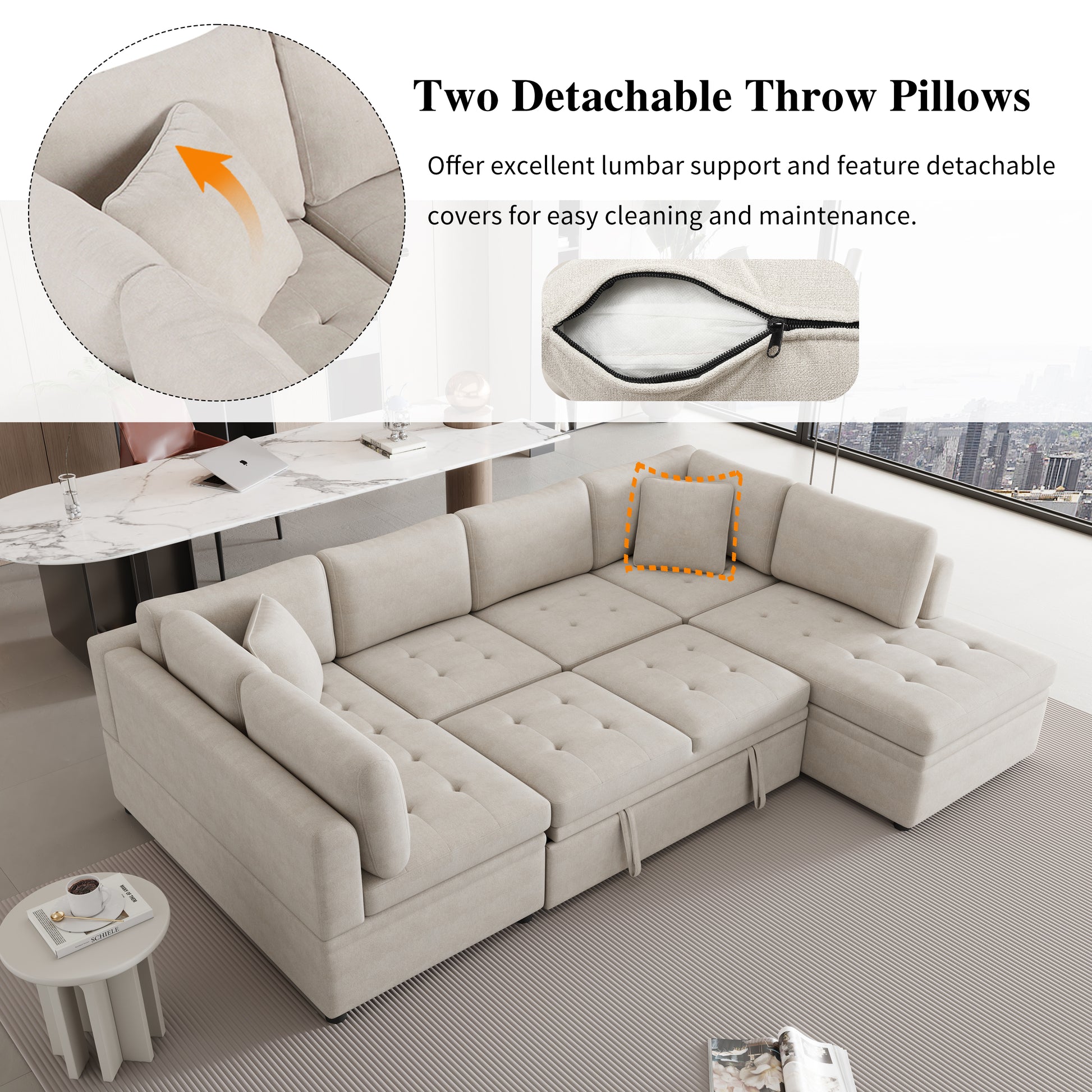 117.3" Oversized Sectional Sofa U Shaped Sofa Couch Pull Out Sofa Bed With Two Throw Pillows For Living Room, Beige Beige Foam Chenille 4 Seat