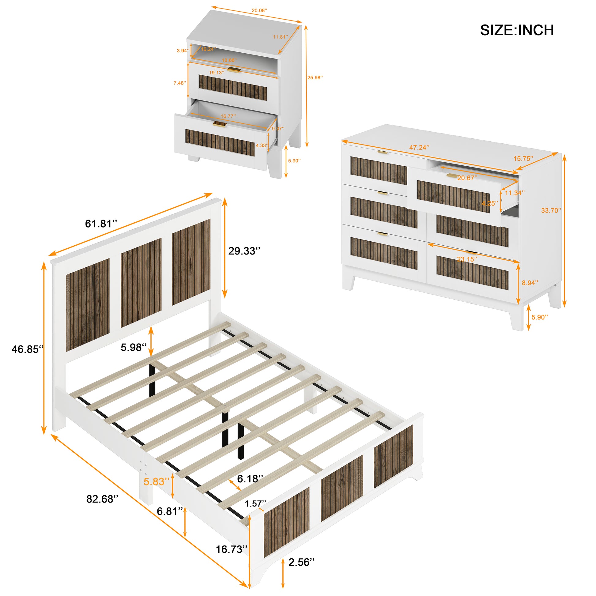 4 Pieces Bedroom Sets, Queen Size Farmhouse Platform Bed With Wooden Strip Decoration, Storage Nightstand And Dresser With Metal Handle, White Queen White 4 Piece Set Particle Board