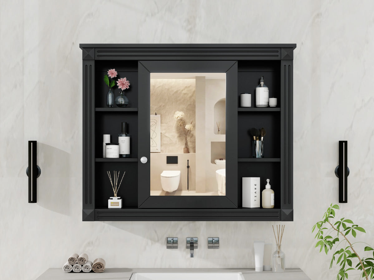 35'' X 28'' Wall Mounted Bathroom Storage Cabinet, Medicine Cabinet, Modern Bathroom Wall Cabinet With Mirror, Mirror Cabinet With 6 Open Shelves Not Include Bathroom Vanity Black 1 Mirror Included