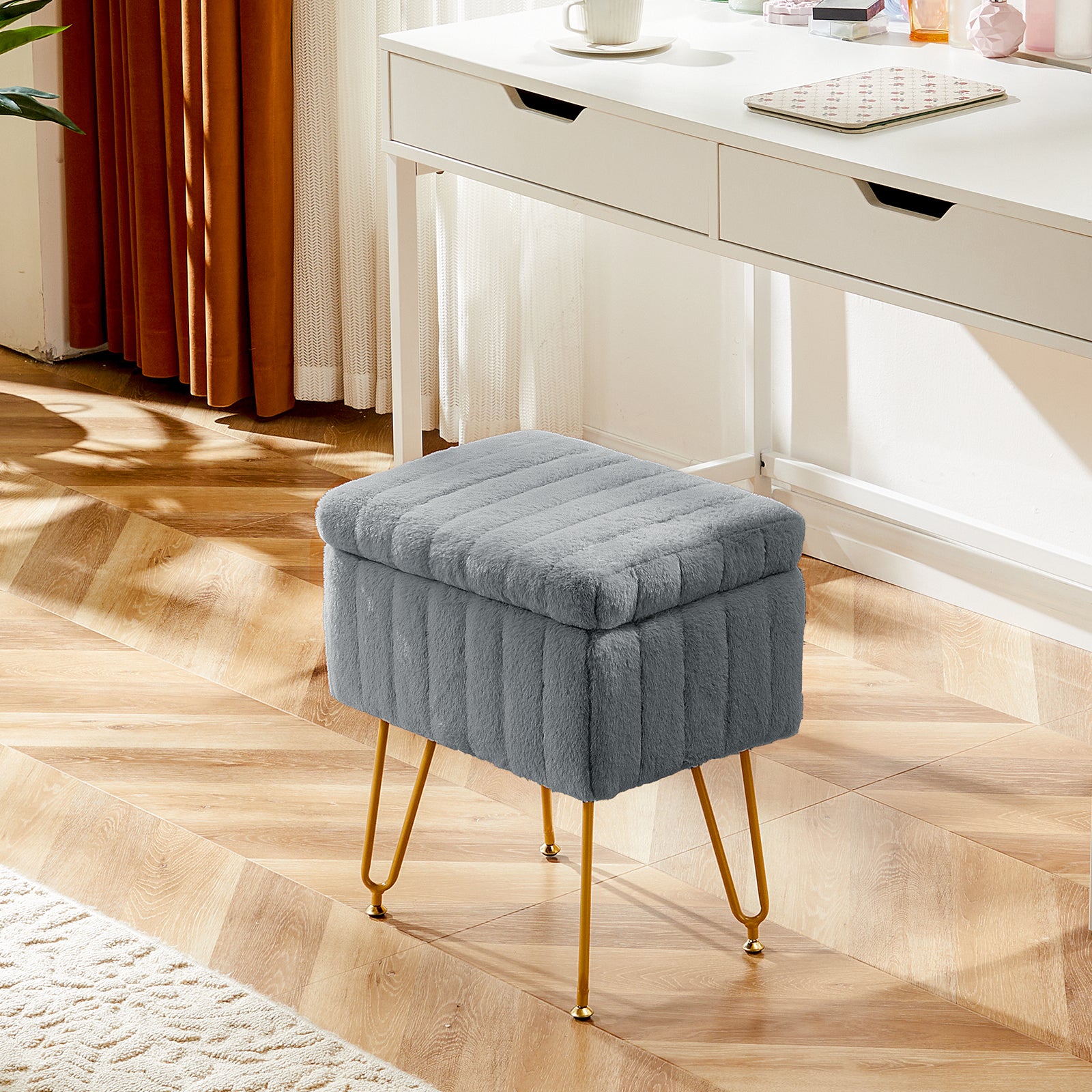 Vanity Stool Chair With Storage, Ottoman Faux Fur Soft Padded Makeup Footstools Seat With 4 Metal Legs Anti Slip Adjustable Feet Modern,Gray Gray Faux Fur