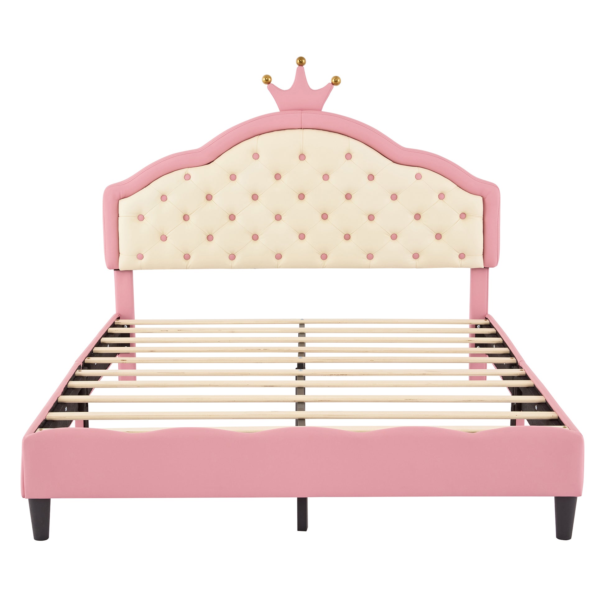 Full Size Lovely Crown Fantasy Pu Leather Princess Bed With Tufted Headboard, Pink Cream Full Pink Mdf Lvl