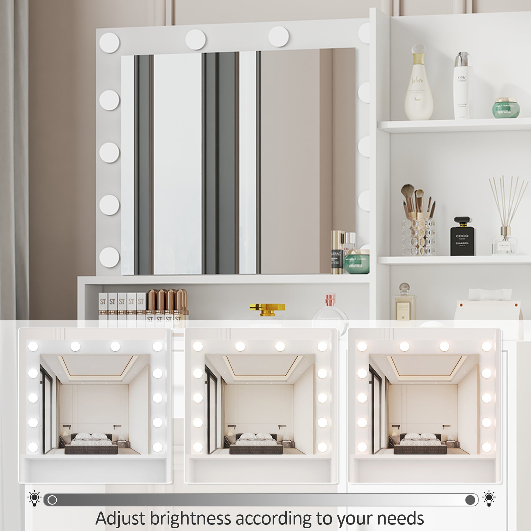 Vanity Desk With Mirror & Light, Large Drawer Three Level Storage Dresser, 3 Lighting Modes Adjustable Brightness, Bedroom Dressing Table White With Stool White Particle Board