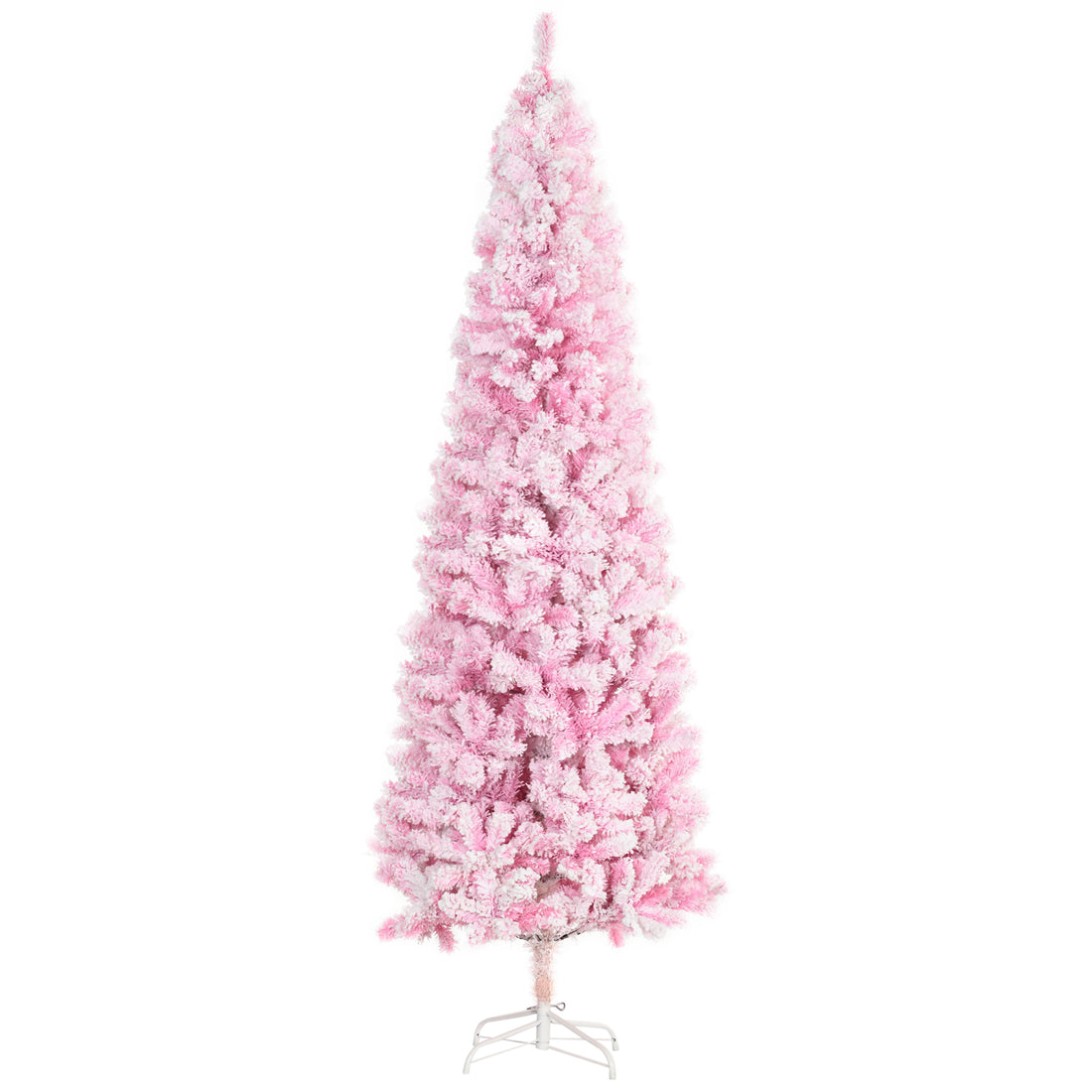 Homcom 7.5' Tall Unlit Snow Flocked Artificial Christmas Tree Slim Pencil Xmas Tree With Pine Shape And Realistic Branches, Pink Pink Plastic