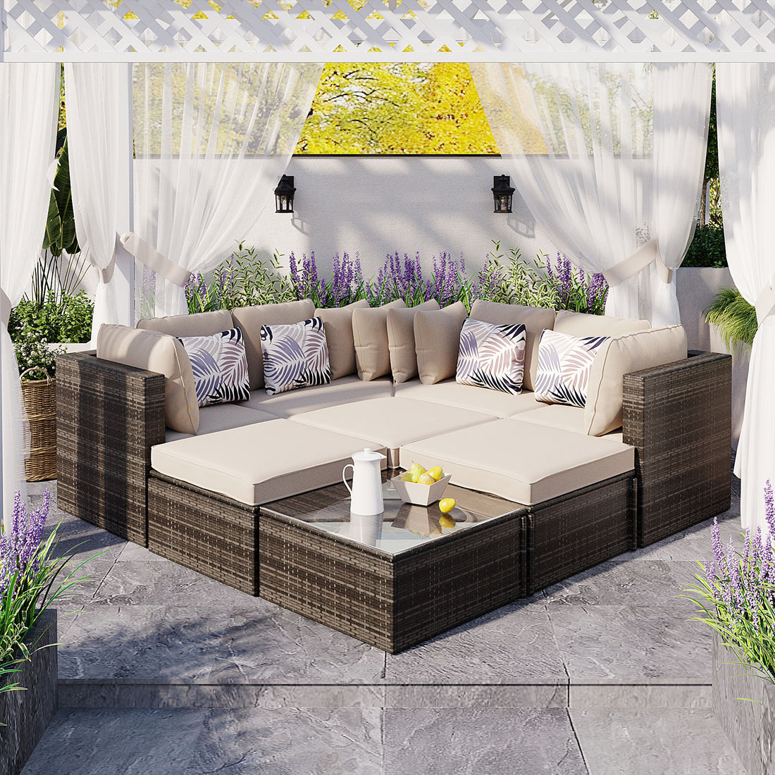 8 Piece Outdoor Wicker Sofa Set, Rattan Sofa Lounger, With Colorful Pillows, Conversation Sofa, For Patio, Garden, Deck, Brown Wicker, Beige Cushion Yes Brown Garden & Outdoor Complete Patio Sets Foam Wicker