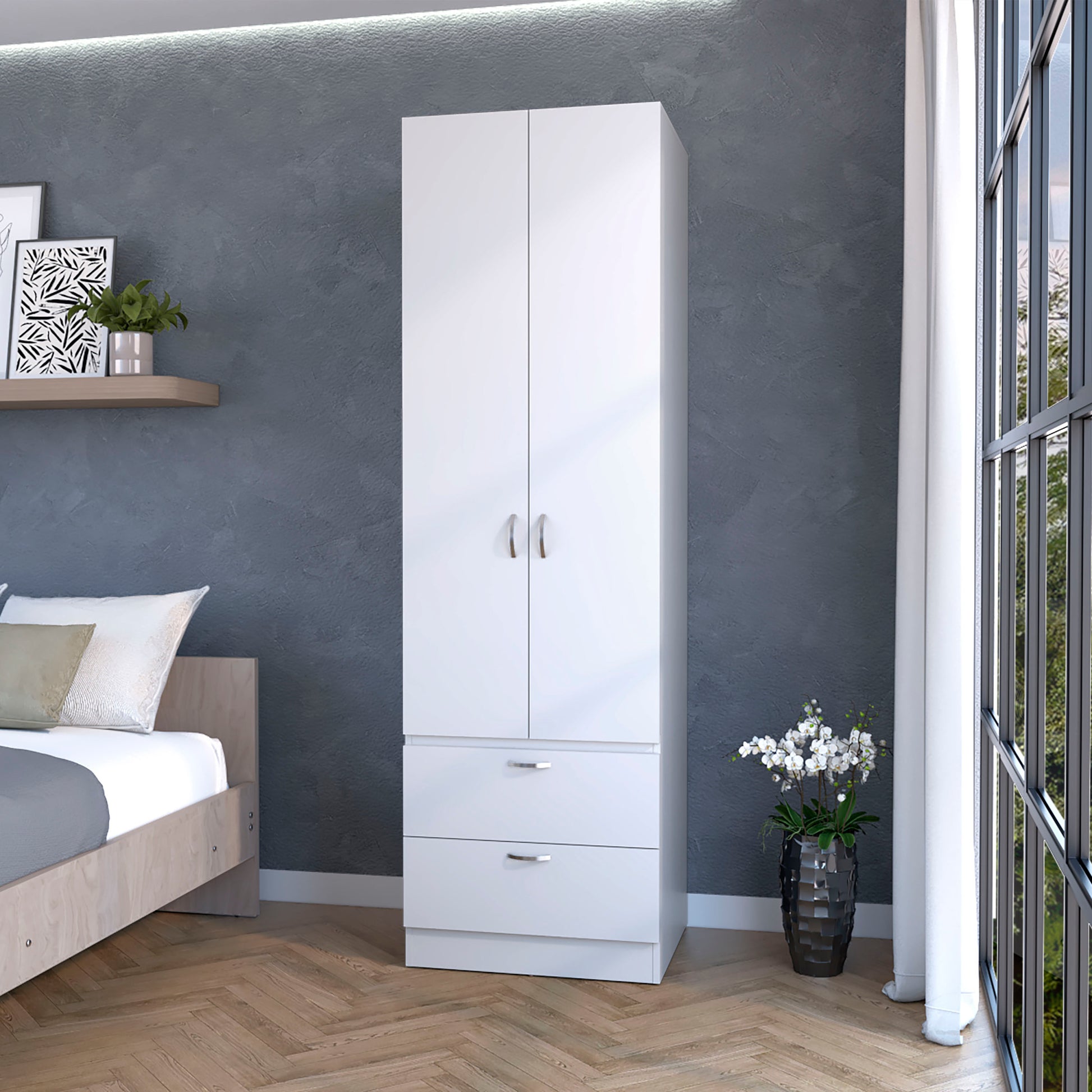 Tall Mayer Wardrobe In Melamine With Two Doors And Two Drawers White Particle Board Melamine