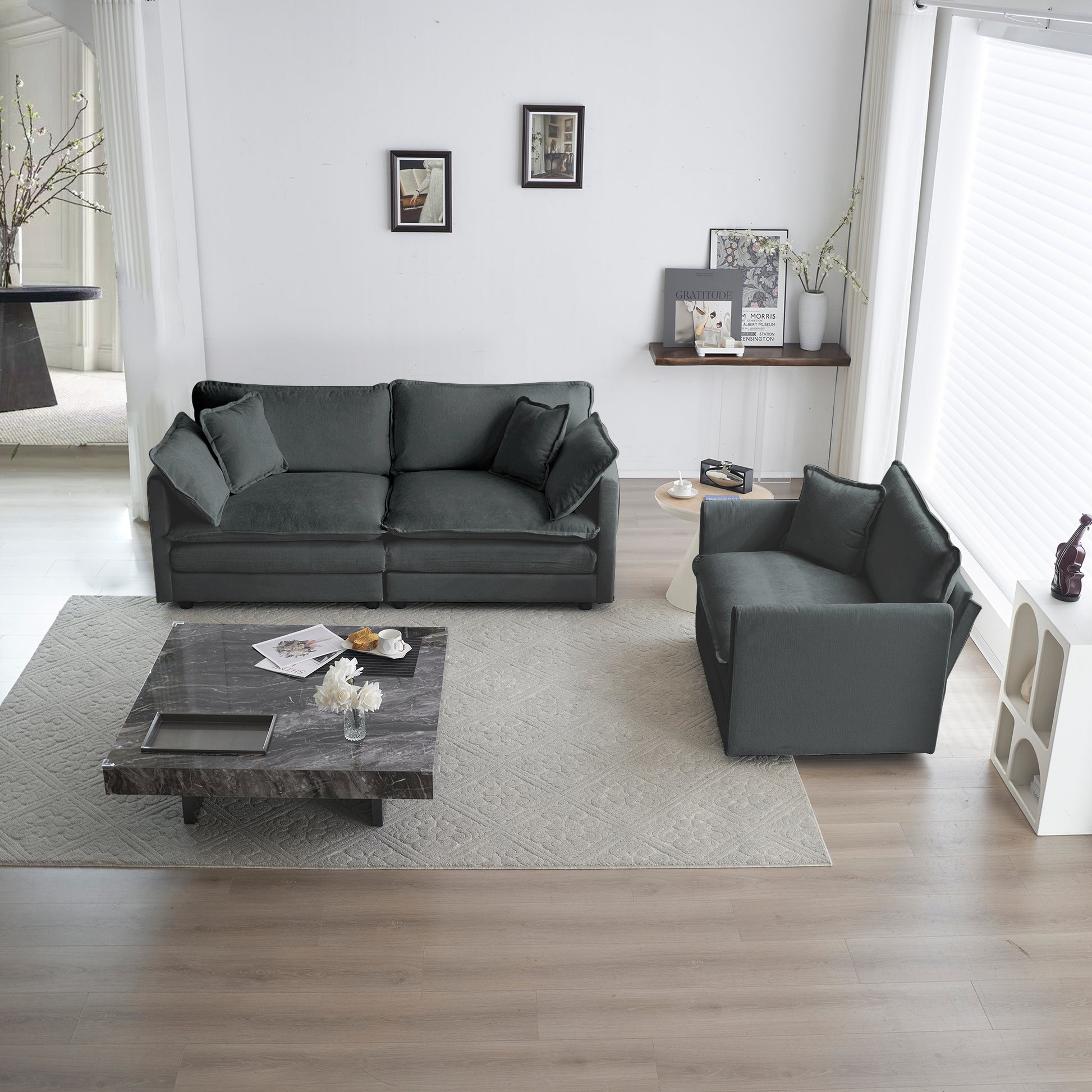 2 Seater Loveseat And Chair Set, 2 Piece Sofa & Chair Set, Loveseat And Accent Chair2 Piece Upholstered Chenille Sofa Living Room Couch Furniture 1 2 Seat ,Gray Chenille Gray Chenille 3 Seat