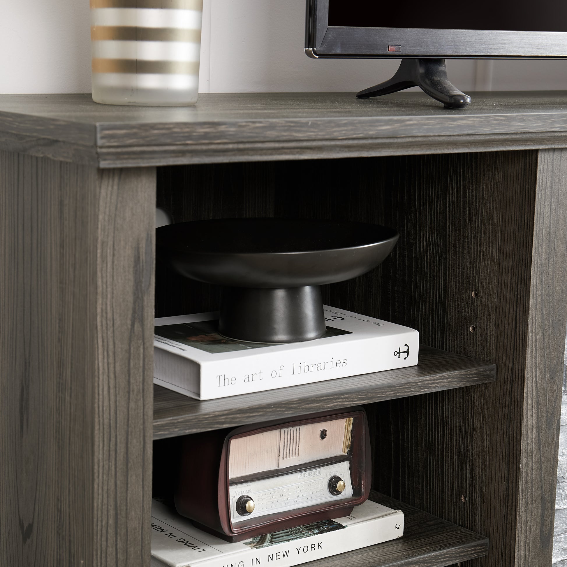 Large Tv Stand Tv Desk Storage Rack With Faux Stacked Stone Surround,Media Console Table With Large Storage Cabinet,Modern Tv Media Entertaionment Stand,Grey, 70.12"W*15.35"D*25.83"H Grey 70 79 Inches Mdf