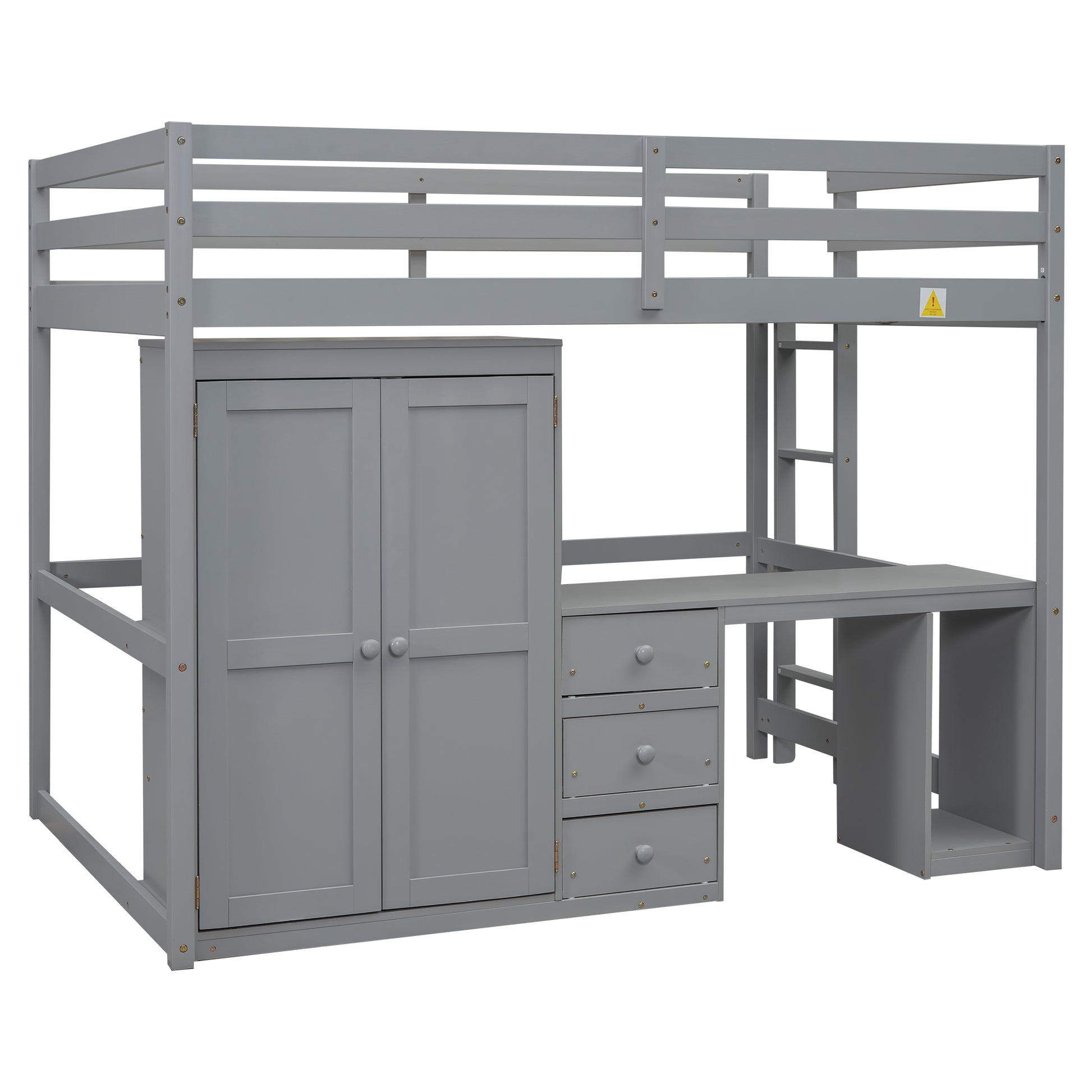 Full Size Loft Bed With Wardrobe, Desk And Storage Drawers, Gray Full Gray Pine