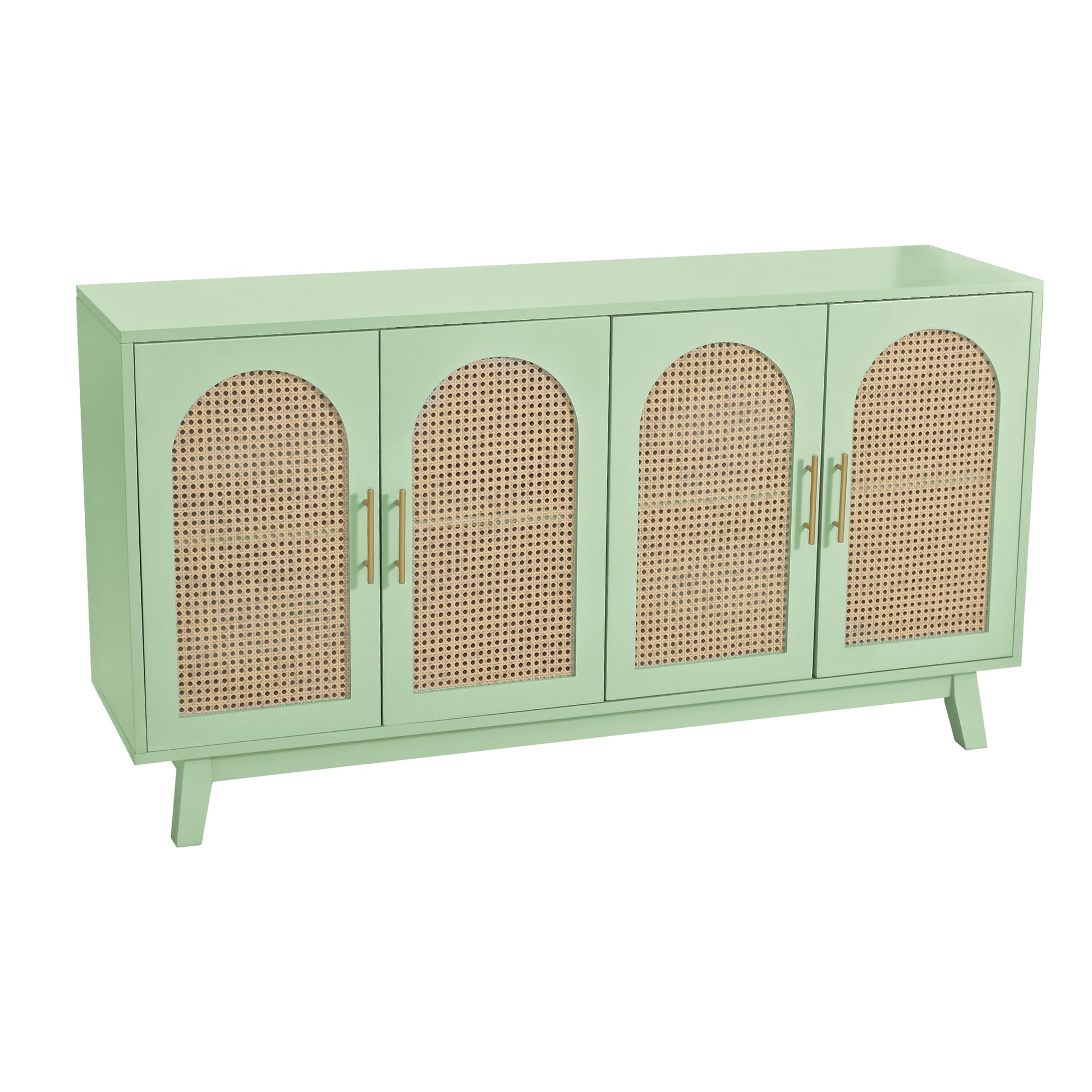 Sideboard Buffet Cabinet With Rattan Doors, Boho 4 Door Cabinet With Metal Handles For Living Room, Hallway, Entryway, Mint Green Mint Green Primary Living Space Mdf