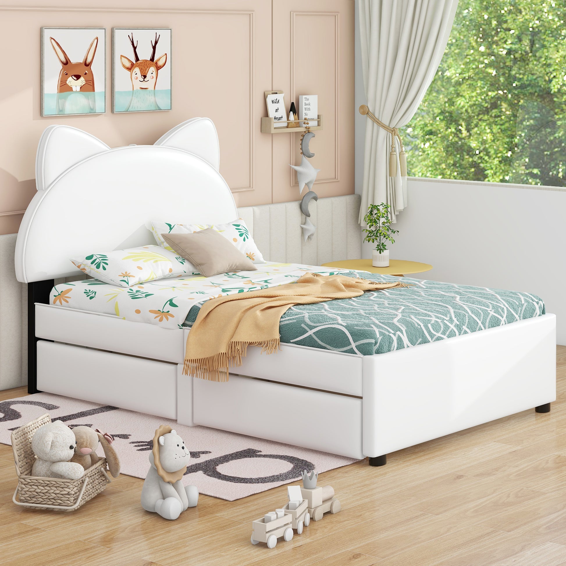 Twin Size Upholstered Platform Bed With Cartoon Ears Shaped Headboard And 2 Drawers, White Box Spring Not Required Twin White Wood Bedroom Bed Frame Faux Leather Upholstered