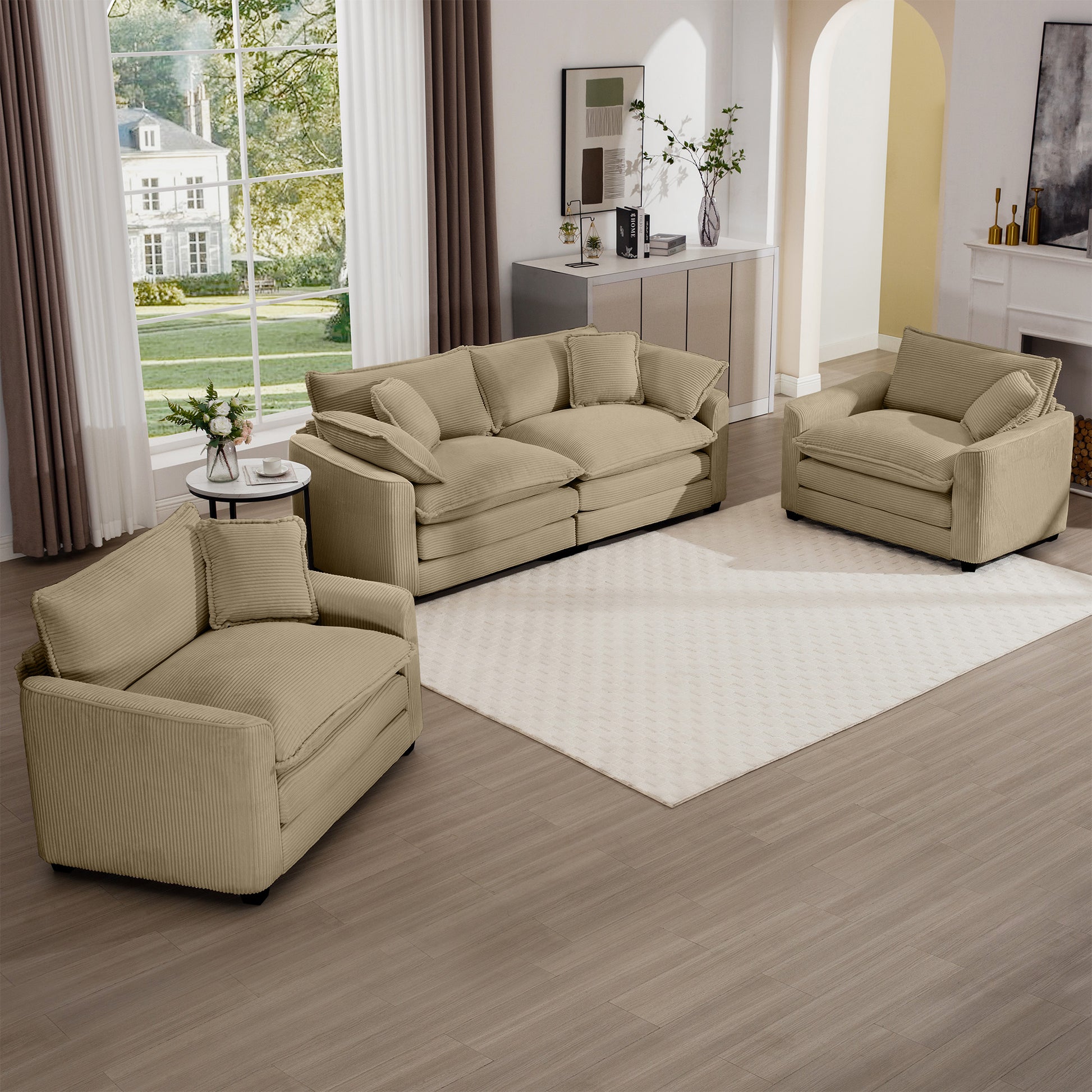 Warm And Cozy Sofa Set With Soft Cushions And Pillows, Home Theater Style Sofa Set Consisting Of One 2 Seater Sofas And Two Single Sofa In Tan Corduroy Fabric Tan Corduroy 4 Seat