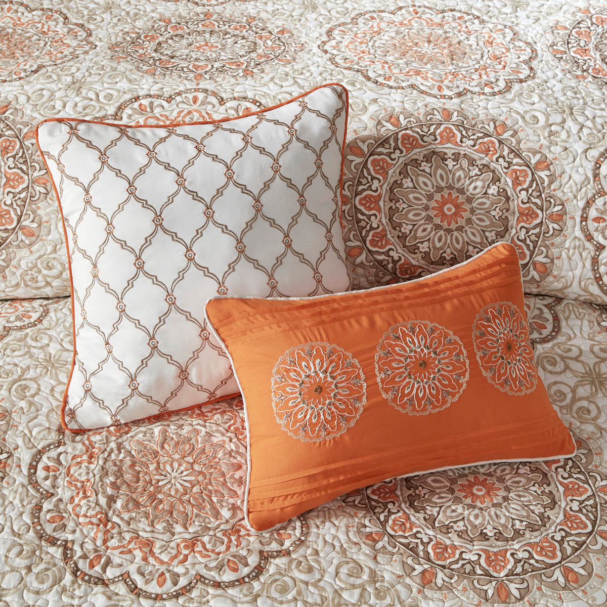 6 Piece Reversible Quilt Set With Throw Pillows Orange King Cal King Orange Cotton