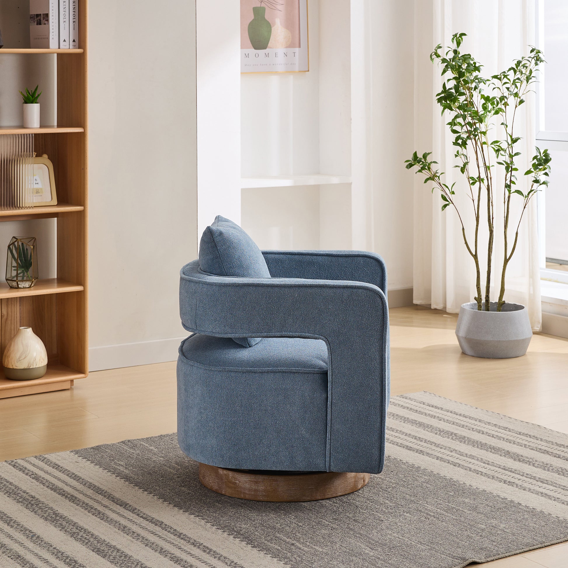 29.1"W Swivel Accent Open Back Chair Modern Comfy Sofa Chair With Weathered Base For Nursery Bedroom Living Room Hotel Office, Club Chair Leisure Arm Chair For Lounge Pale Blue,Linen Blend Blue Linen Blend
