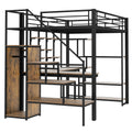 Full Size Metal Loft Bed With Storage Staircase And Small Wardrobe, Built In Desk And Storage Shelves, Black Full Black Metal