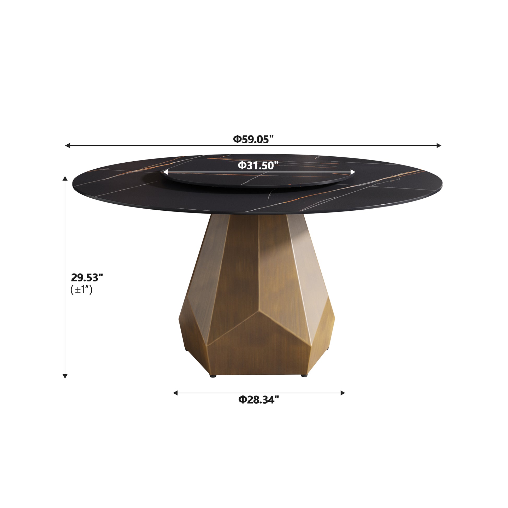 59.05" Round Marble Dining Table With Metal Base, Artificial Marble For 6 8 People, 31.5"Black Artificial Stone Turntable,Black Dining Table Only Antique Brass,Black Metal Marble