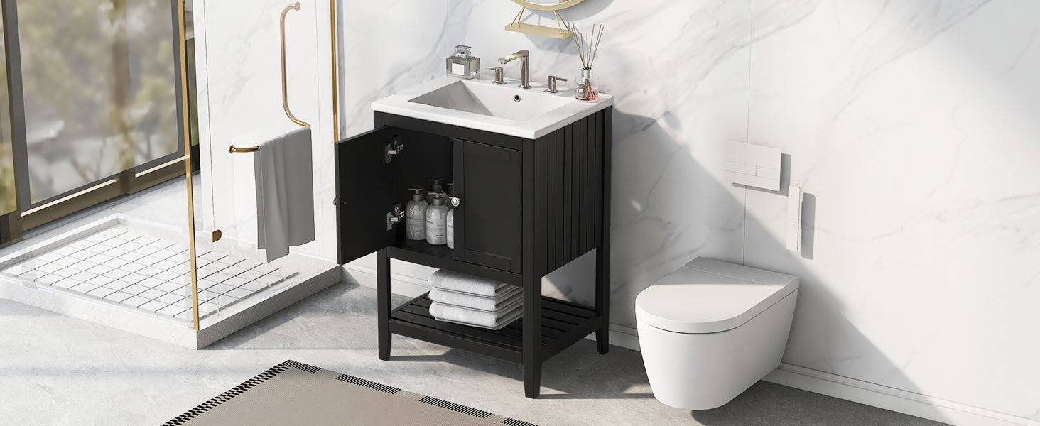 Video 24" Black Modern Sleek Bathroom Vanity Elegant Ceramic Sink With Solid Wood Frame Open Style Shelf Black Solid Wood Mdf