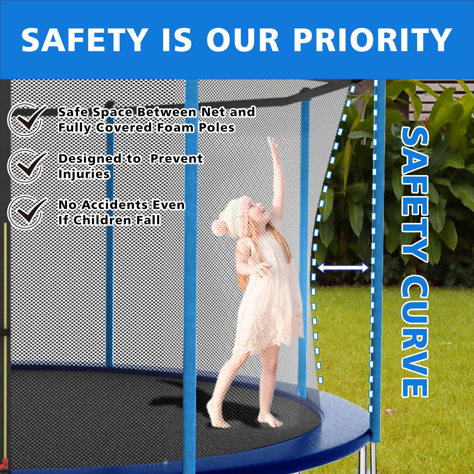 8Ft Outdoor Toddler Trampoline With Enclosure Safety Net Jumping Fun Trampoline, Heavy Duty Jump Pads, Spring Loaded For Children And Adults, Gifts For Boys Girls Blue Garden & Outdoor Iron