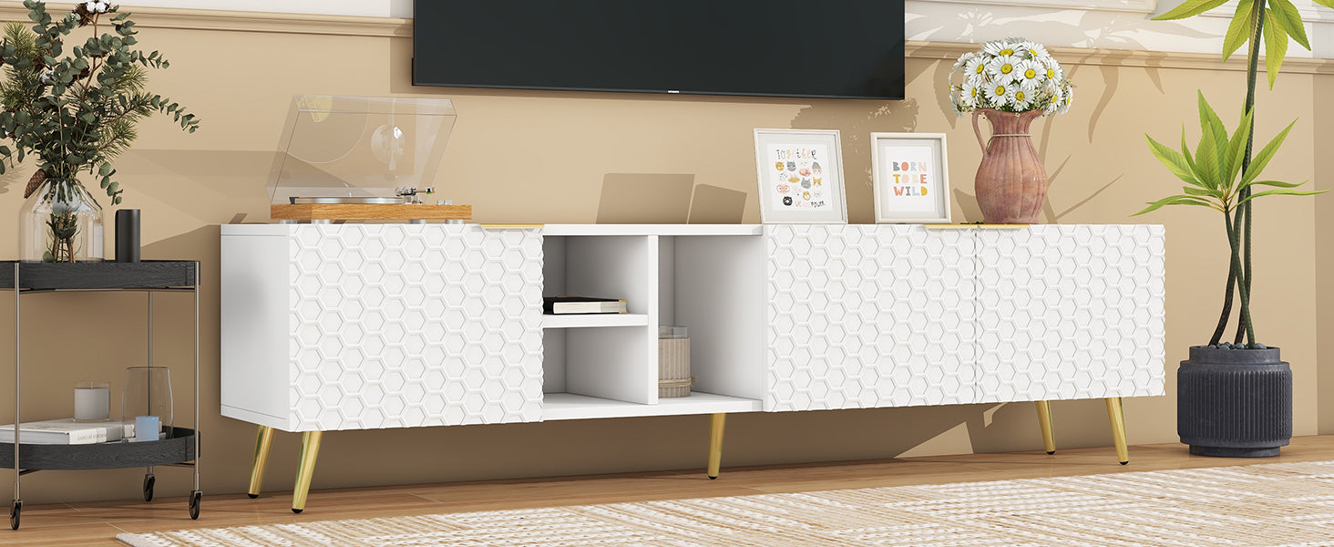 Modern Minimalist Geometric Tv Cabinet With Metal Handles And Gold Legs For Tvs Up To 80'', Multi Functional Tv Stand With Storage Cabinets, Entertainment Center For Living Room, White White Gold