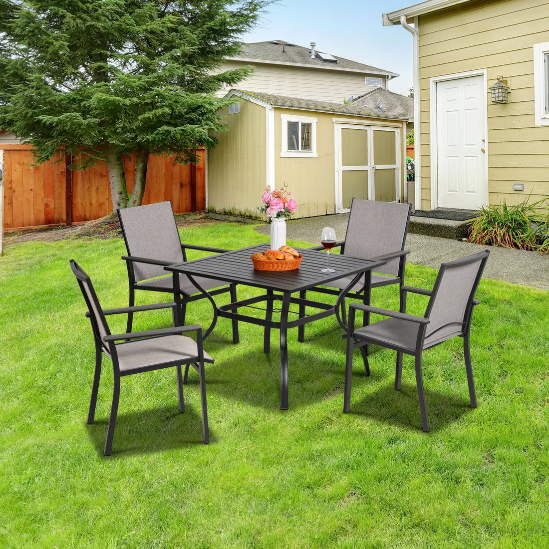 5Pcs Outdoor Dining Set, Square Metal Dining Table And 4 Textilene Dining Chairs, With 1.57" Umbrella Hole Dining Set Black Gray Seats 4 Garden & Outdoor American Design Complete Patio Sets Iron