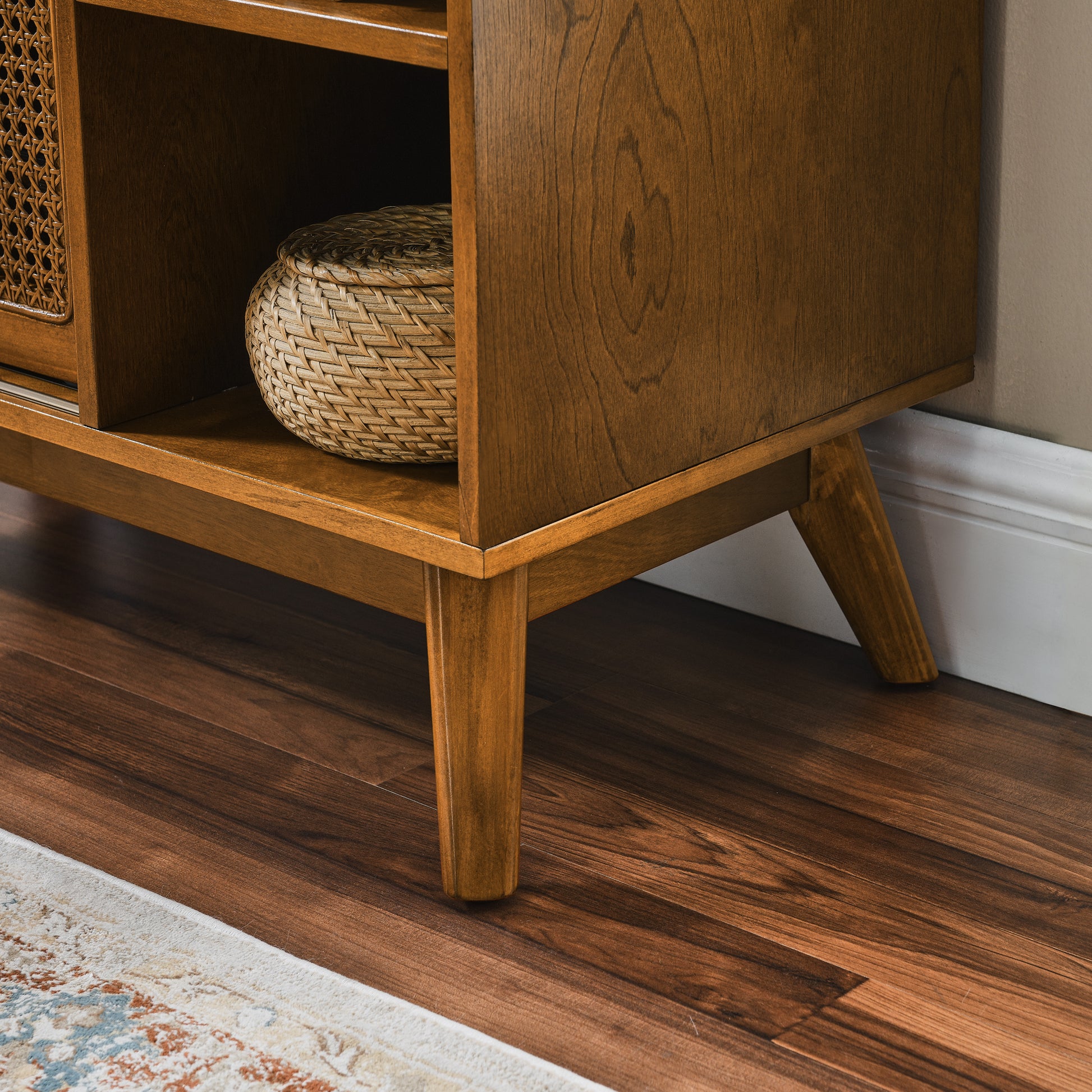 Mid Century Modern Rattan Sideboard Cabinet, Buffet Cabinet For Entryway Hallway Living Room Kitchen Dining Room Bedroom, Adjustable Shelf & Solid Wood Feet & Rattan Cabinet Doors Light Wood Walnut Mdf