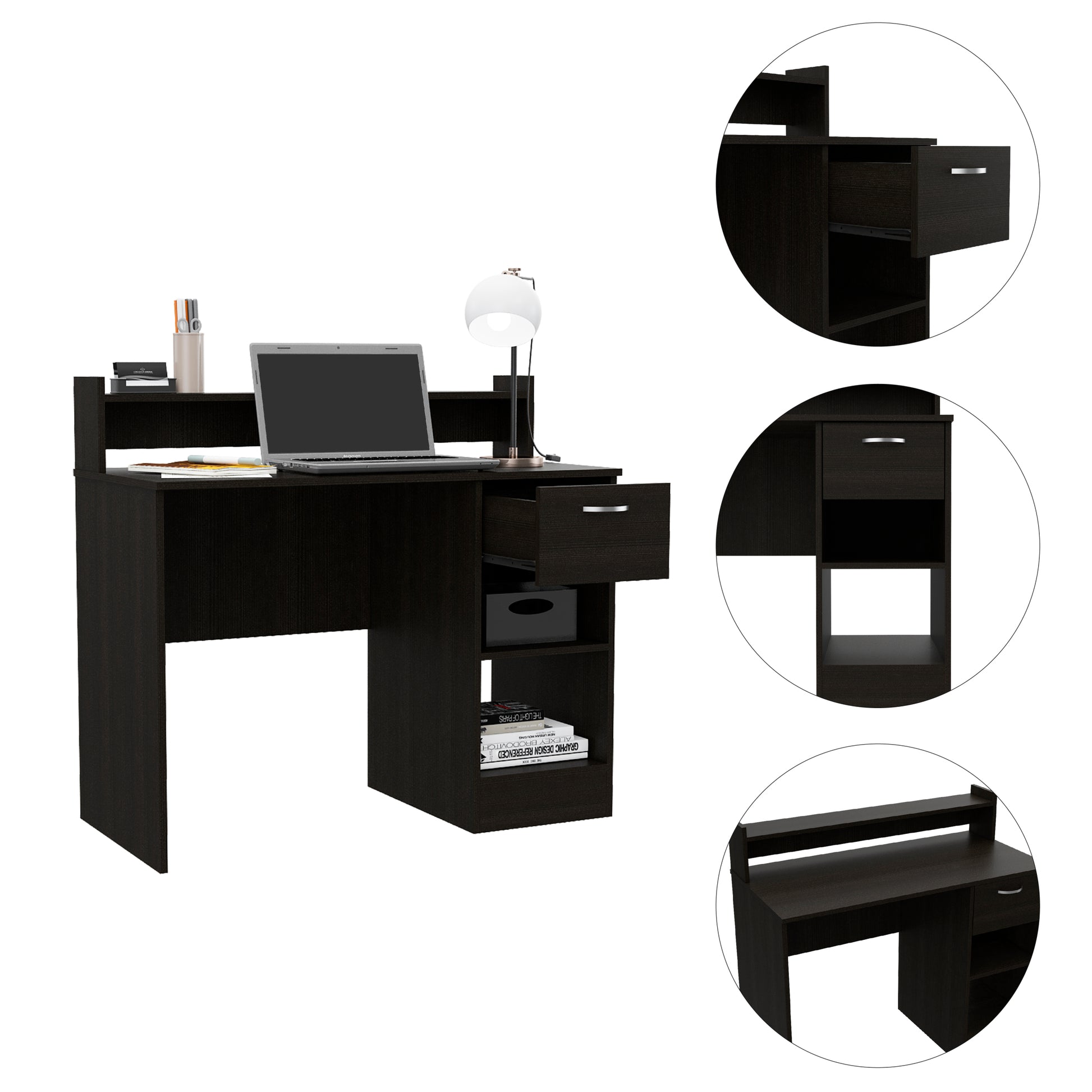 Manaos Writing Computer Deskmultiple Shelves, One Drawer Black Computer Desk Office Modern Freestanding Rectangular Open Storage Desk Rectangular Particle Board Engineered Wood