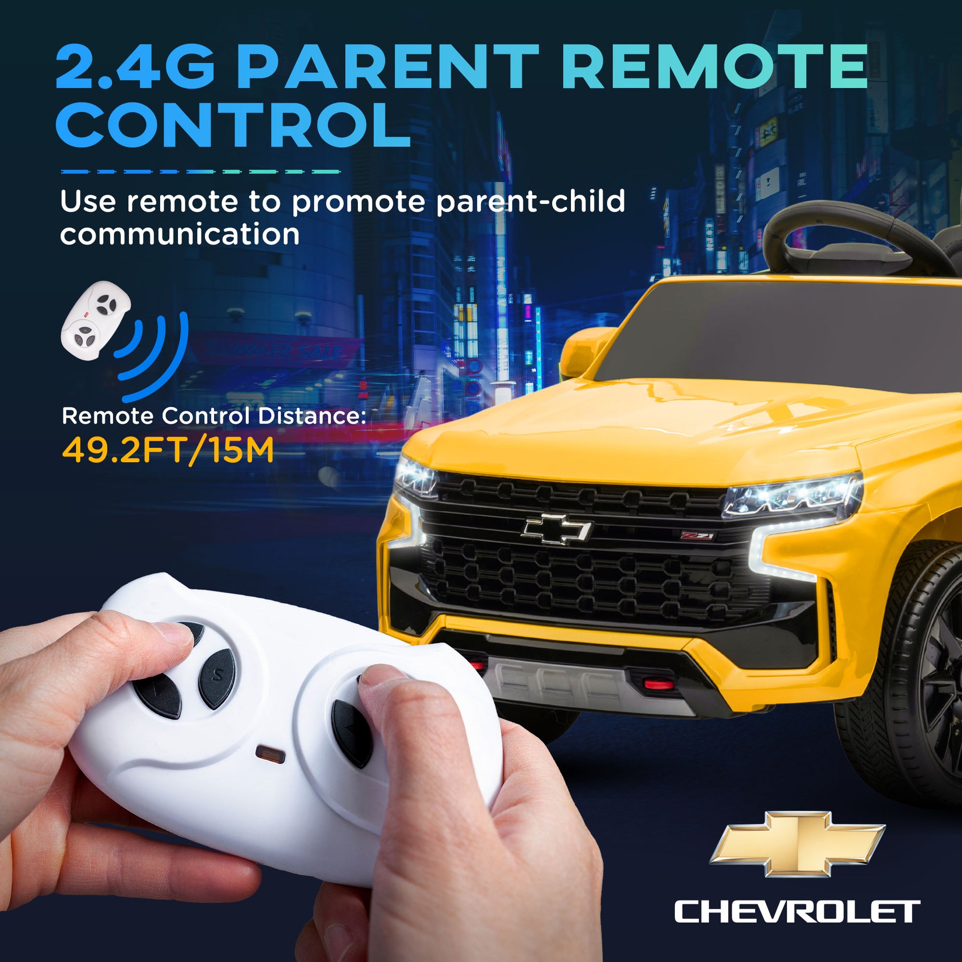 Aosom Chevrolet Tahoe Licensed Kids Ride On Car, 12V Battery Powered Kids Electric Car With Remote Control, 4 Wheeler Suspension, Music, Lights, Horn, For Ages 3 6 Years Old, Yellow Yellow Plastic