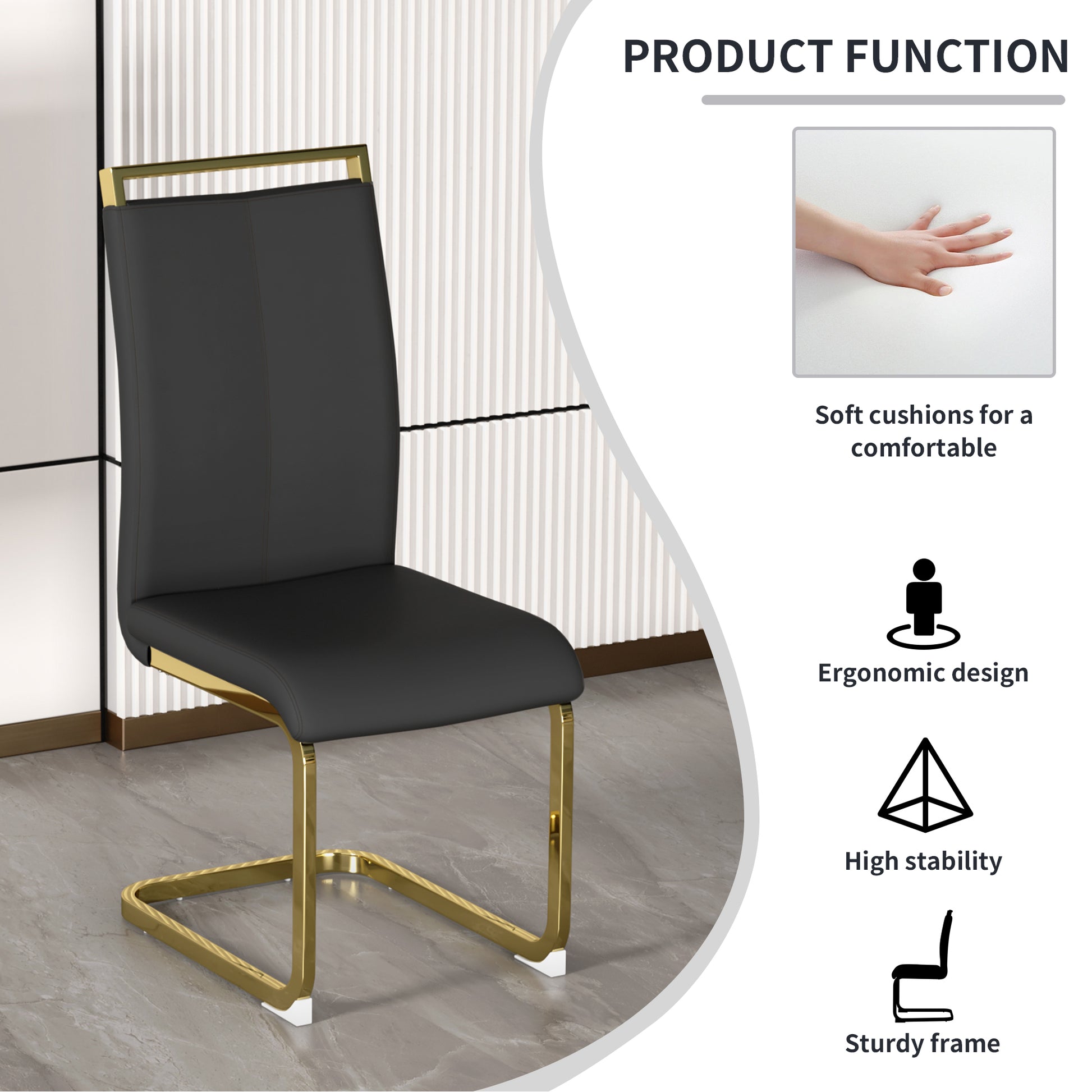 Table And Chair Set,Modern Minimalist Rectangular Dining Table, 0.4 Inch Thick, With A Black Imitation Marble Pattern Glass Desktop And Black Mdf Legs. Comfortable Pu Seats,Perfect For Dinner, Meet Black Seats 4 Mdf Glass