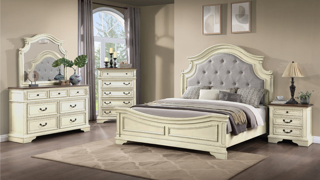 Noble Traditional Style 5 Pc King Bedroom Set With Button Tufted Upholstery Headboard Made With Wood In Antique Beige Box Spring Required King Beige Wood 5 Piece Set Bedroom Bed Included,Chest Included,Dresser Included,Mirror Included,Nightstand Included