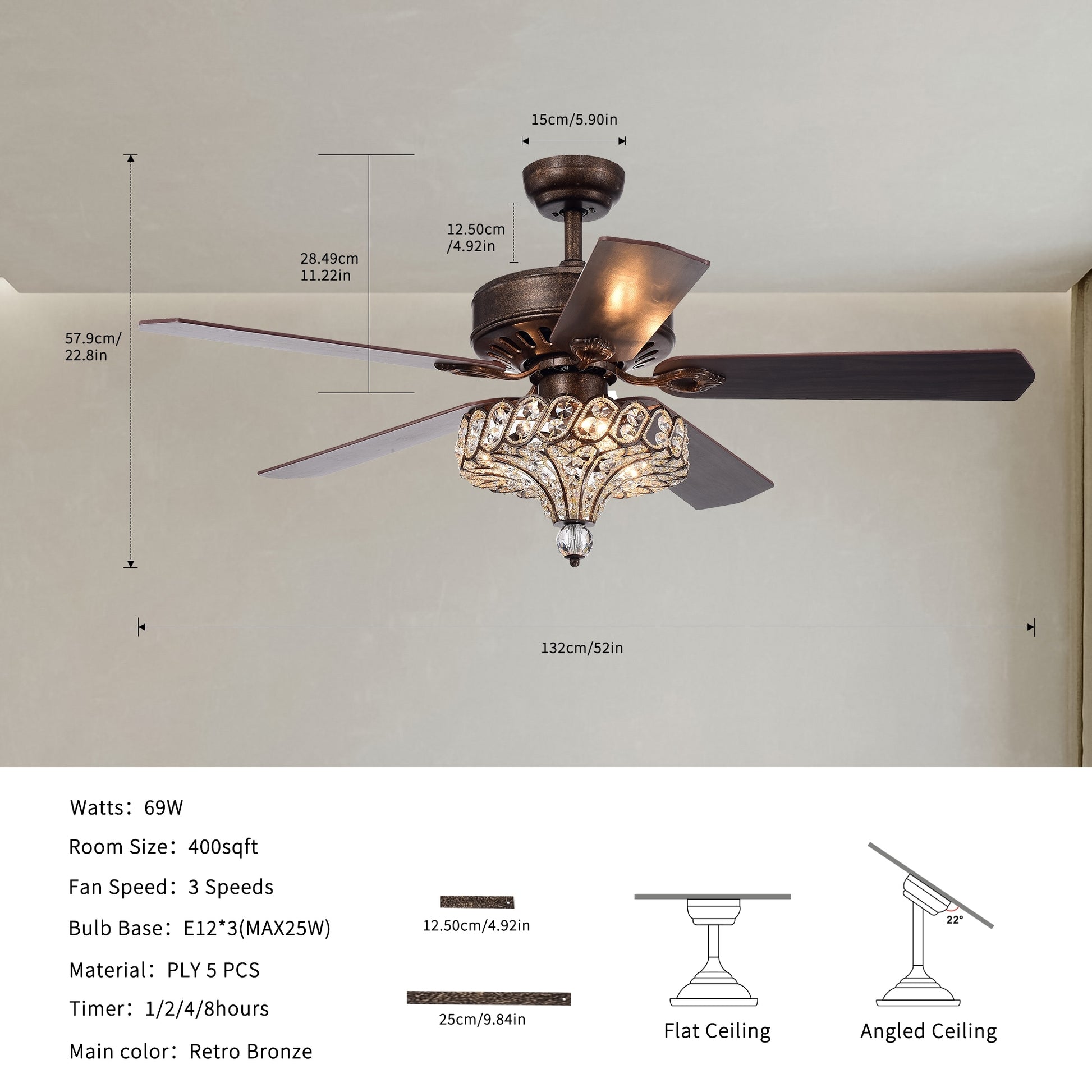 52'' Classical Crystal Ceiling Fan Lamp,3 Speed5 Reversible Blades For Living Room, Dining Room, Bedroom, Family Room, Rustic Bronze ,3Pcs*E12 No Include Bulb Remote C Rustic Brown American Traditional,Antique,Classic,Contemporary Crystal Metal